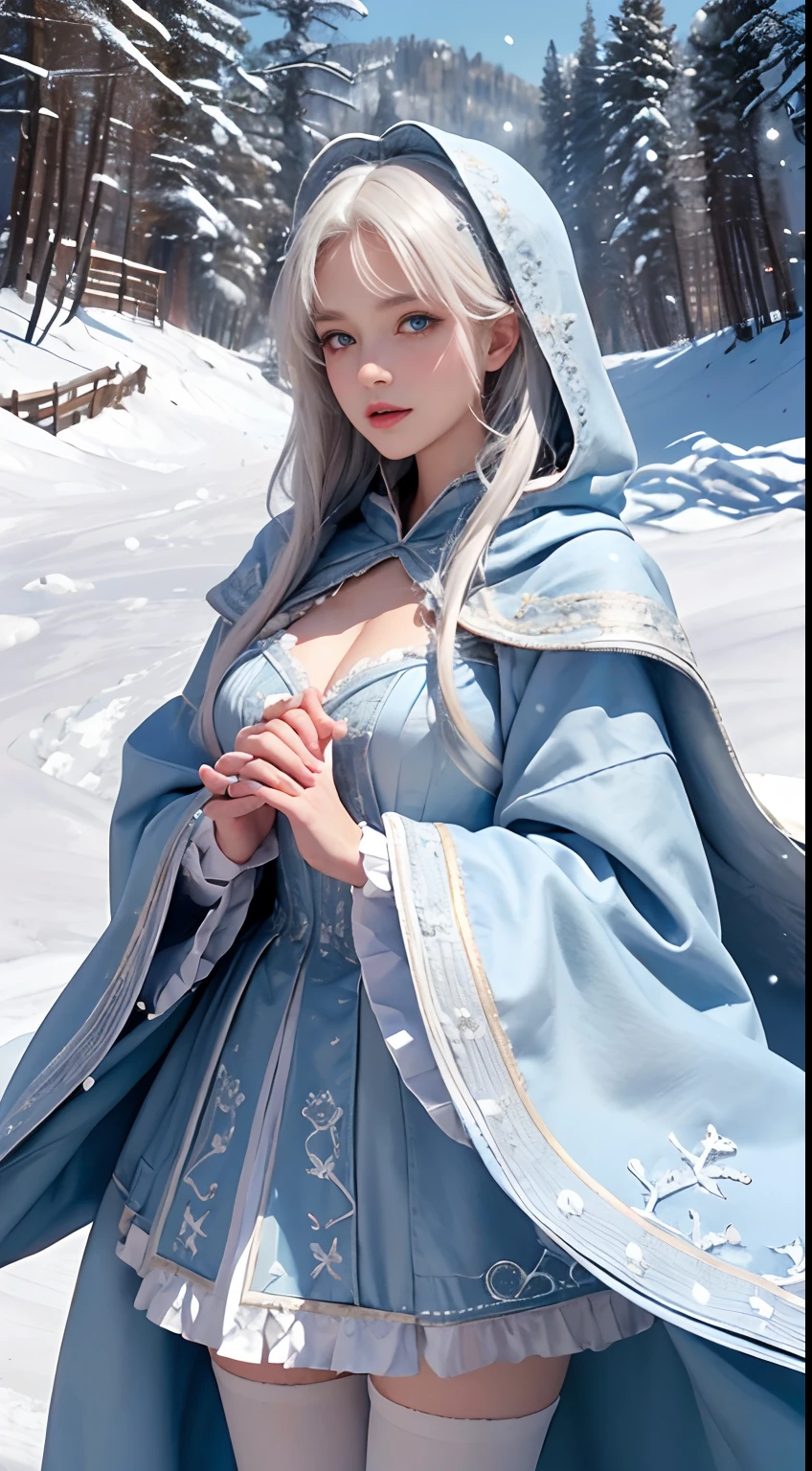 Photorealistic, high resolution, 1 Women, Solo, (Lolita costume),Gorgeous costumes,Face the audience,The upper part of the body,upper legs, beautidful eyes, White hair, ringed eyes, (outside,Heavy snowfall,Cloak,Cover with snow),snowfield,Blue eyes,Illustrations of the highest quality,A meticulous face