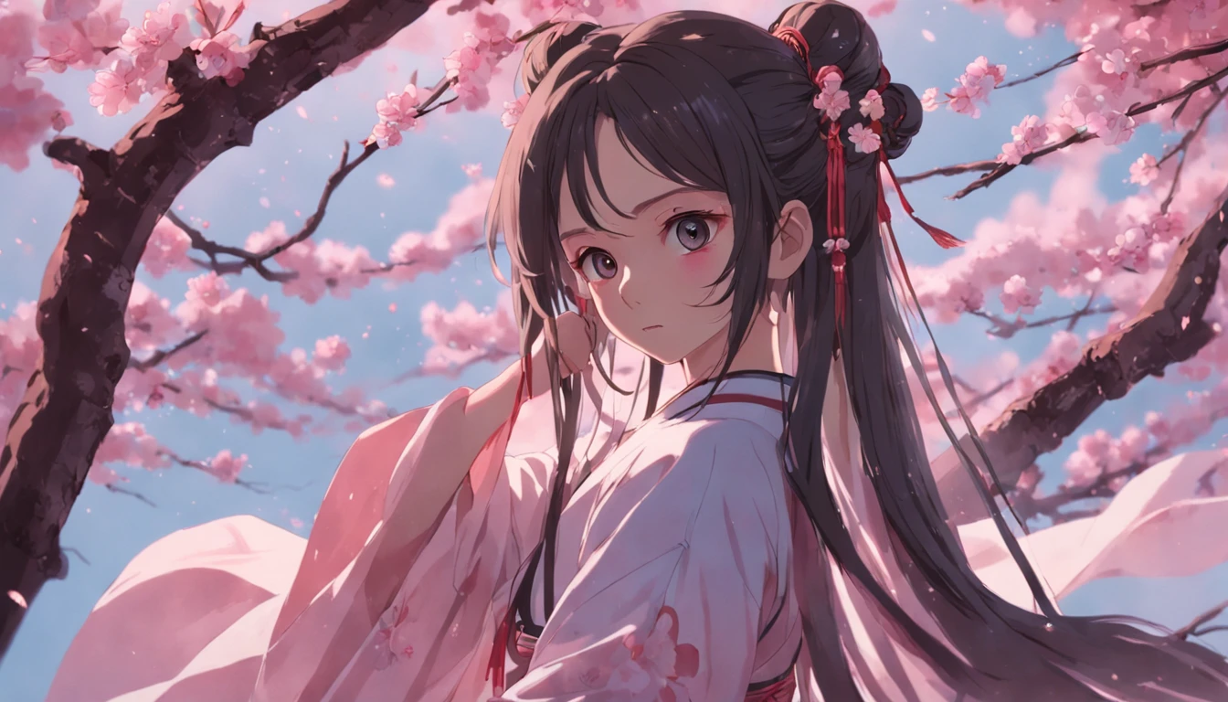 Anime girl in kimono outfit standing under a cherry tree - SeaArt AI