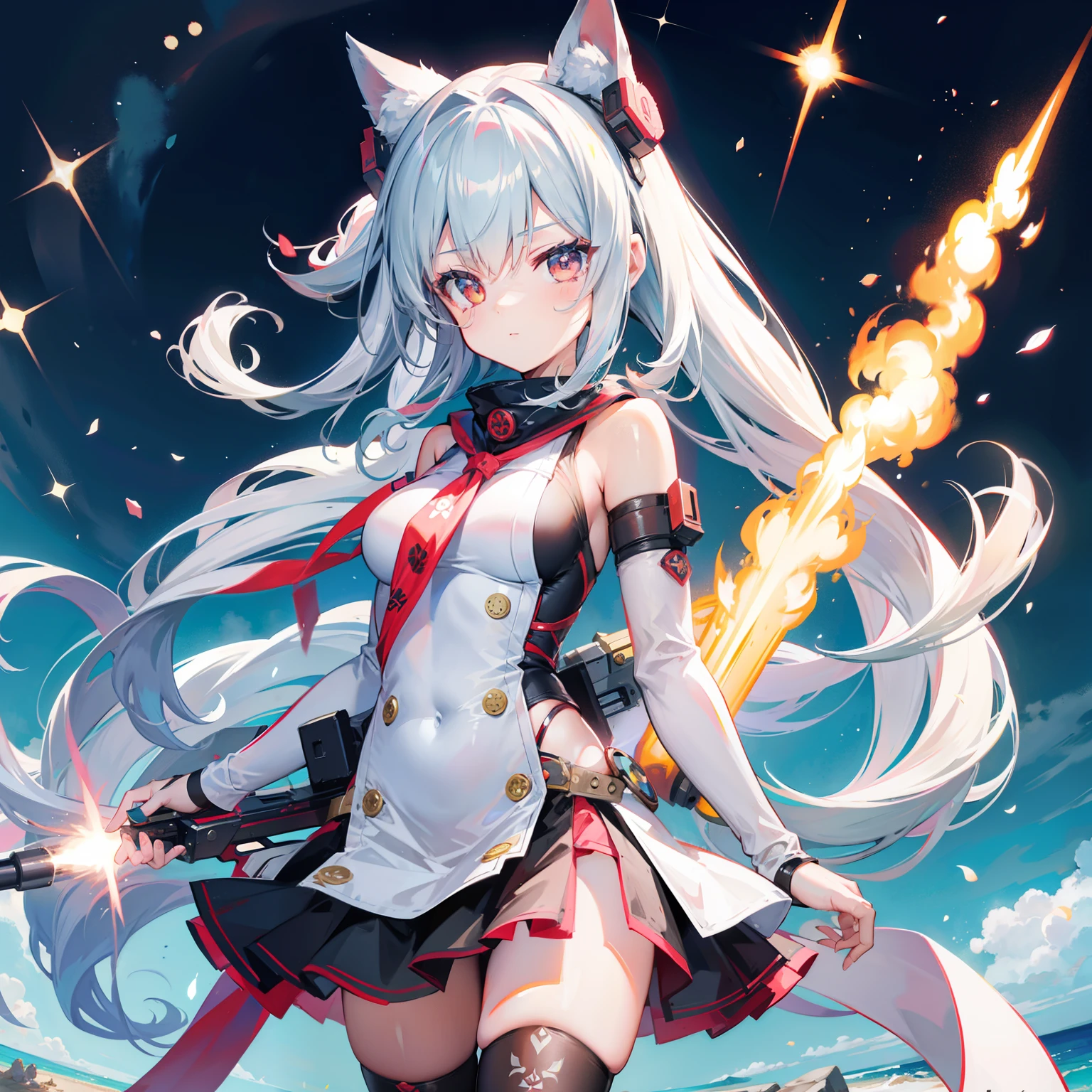 Anime girl with gun and cape holding gun, A scene from the《azur lane》videogame, From the night of the ark, azur lane style, kantai collection arcade, kancolle, Kantai collection style, arknight, 《azur lane》role, Official artwork, konpeki no kantai, from girls frontline, Kawasi, girl with warship parts