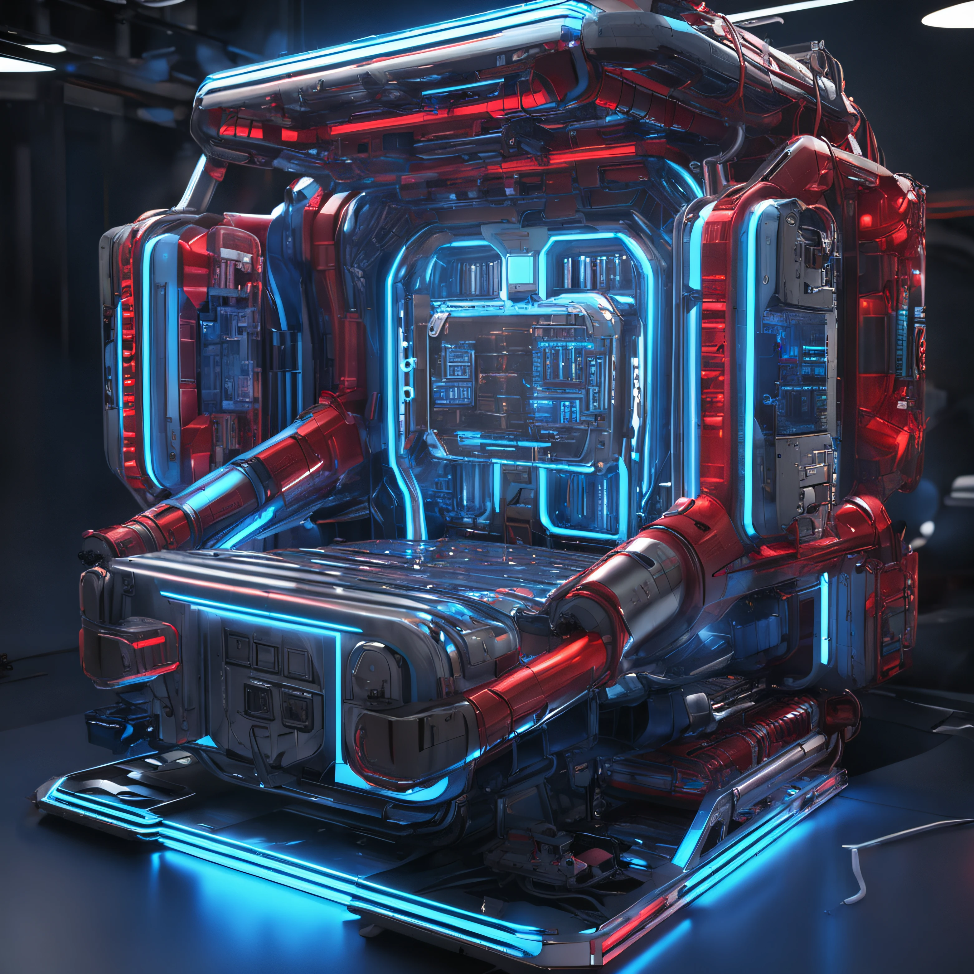 There is a square storage platform in the spacecraft, which is mechanical style and metallic texture. The whole storage is covered with luminous circuit tubes, and the storage is wrapped by machinery. The overall light effect of red and blue contrast, strong metallic style, Cyberpunk surreal, 8K.