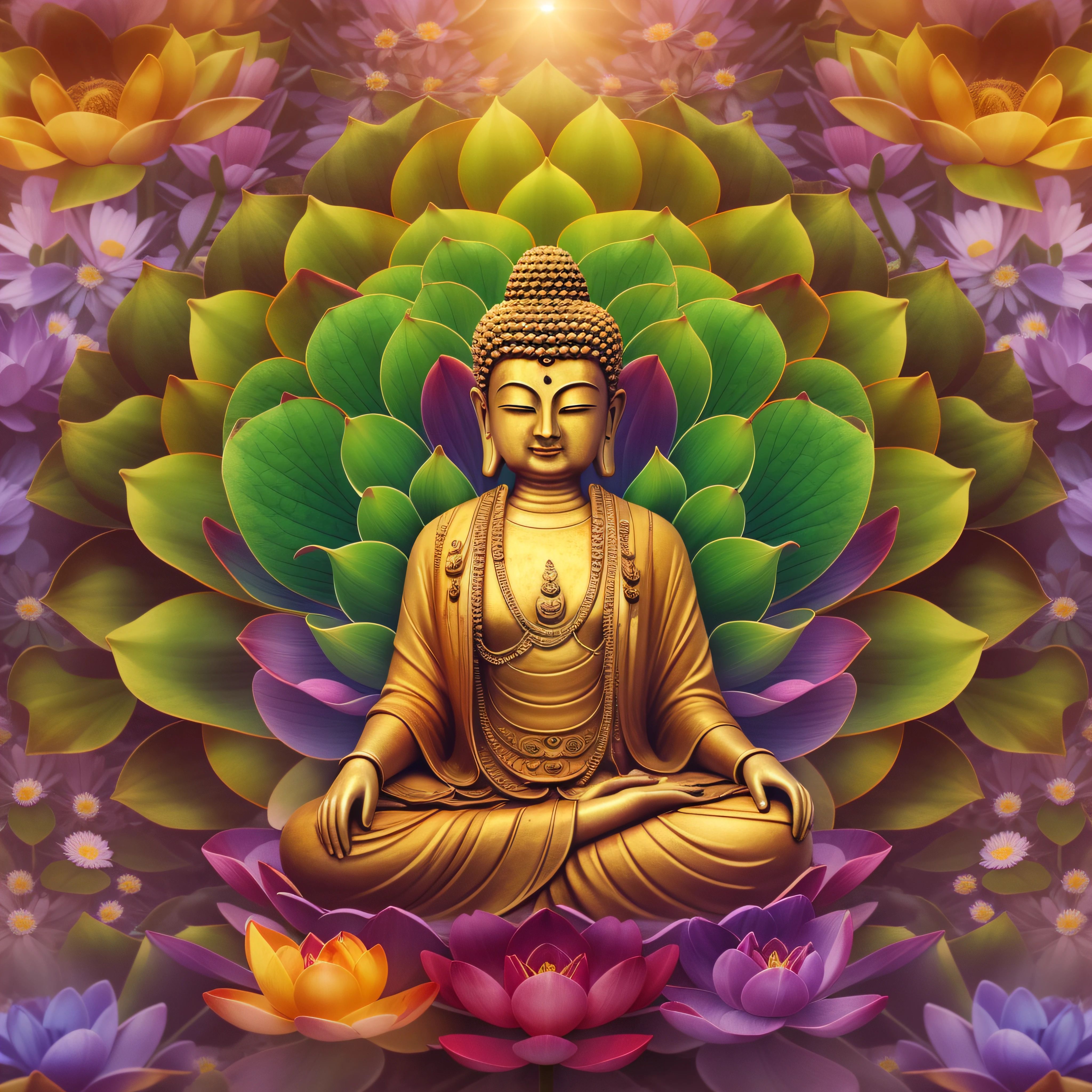"Generate a realistic depiction of Buddha with a golden aura around him with a very bright divine light descending from heaven and illuminating Buddha in its entirety, sitting on a giant lotus flower symmetrical in the colors of the rainbow, It is in the middle of a garden with many flowers and colors, com flores coloridas ao redor e luz suave iluminando seu rosto." High Definition Image, detalhamento alto e estilo fotorrealismo. Imagem com pelo menos 300 dpi, UHD 8k