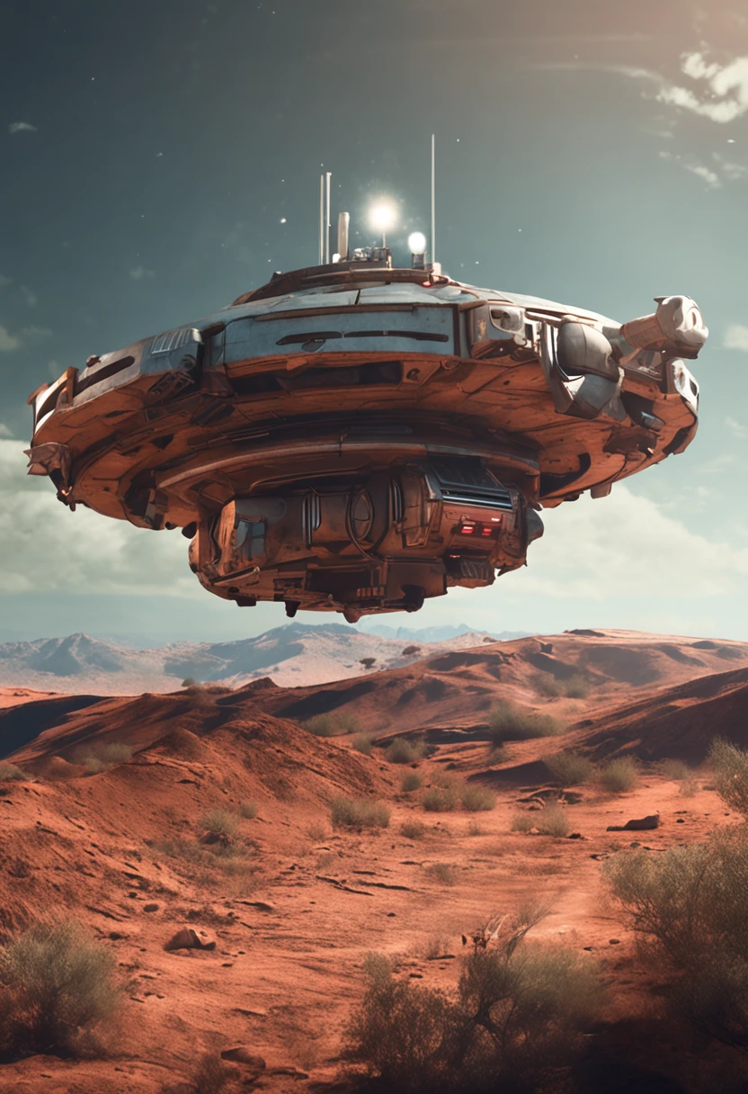 The spacecraft landed on a small hill (Style digital art), Digital art, epic look at your scene, Photorealism