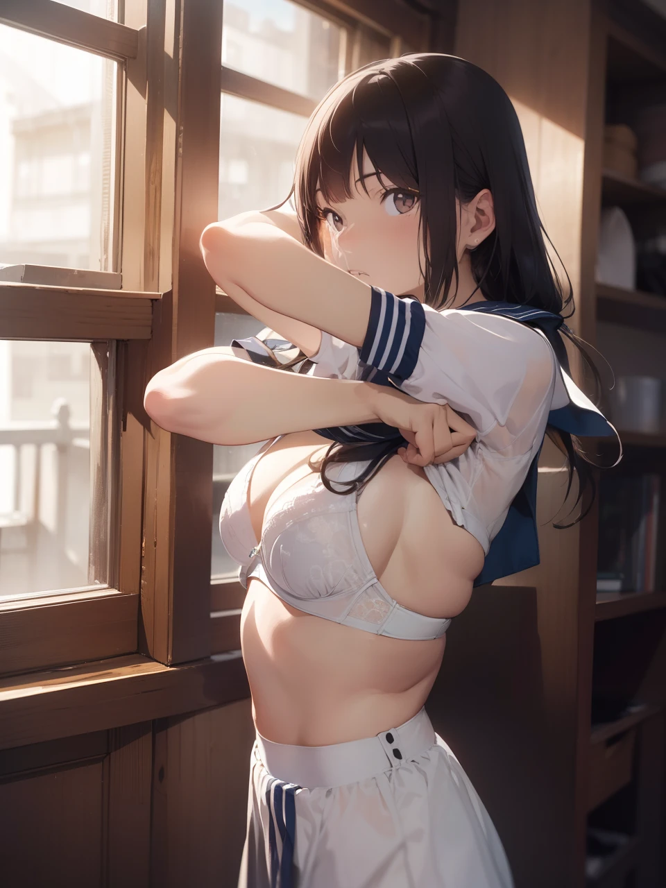 ultra-quality, ultla highres, Hyper Detailed, High contrast, superfine illustration, creative refinement, (Change into a sailor suit), White bra, livingroom
