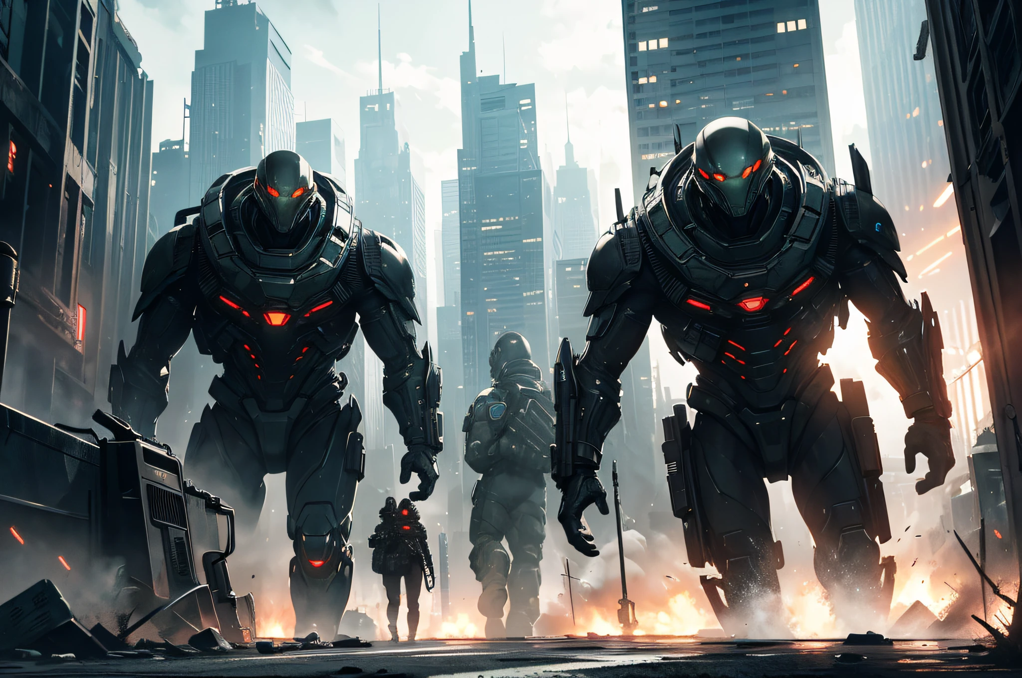 "Alien Invasion, dystopian cityscape, dark and ominous atmosphere, intense action, futuristic weapons, towering alien spacecraft, epic battle scenes, brave resistance fighters, desperate struggle for survival."