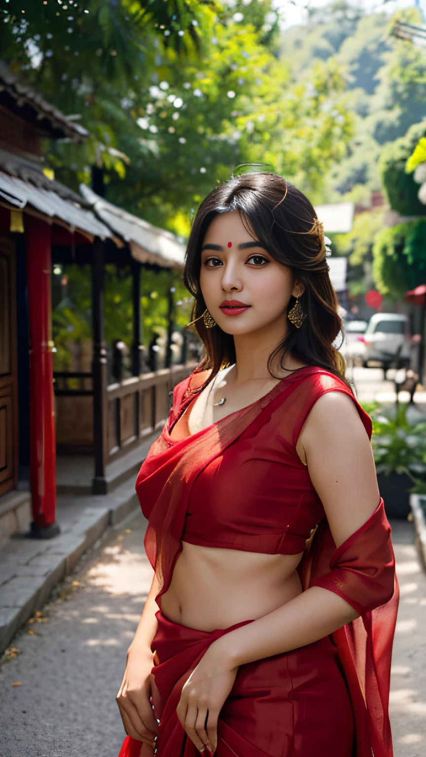 (((desi girl))), chubby face, natural skin, wearing red saree, charming black hair, ((hair ends are blonde)), greenary village background, bokeh