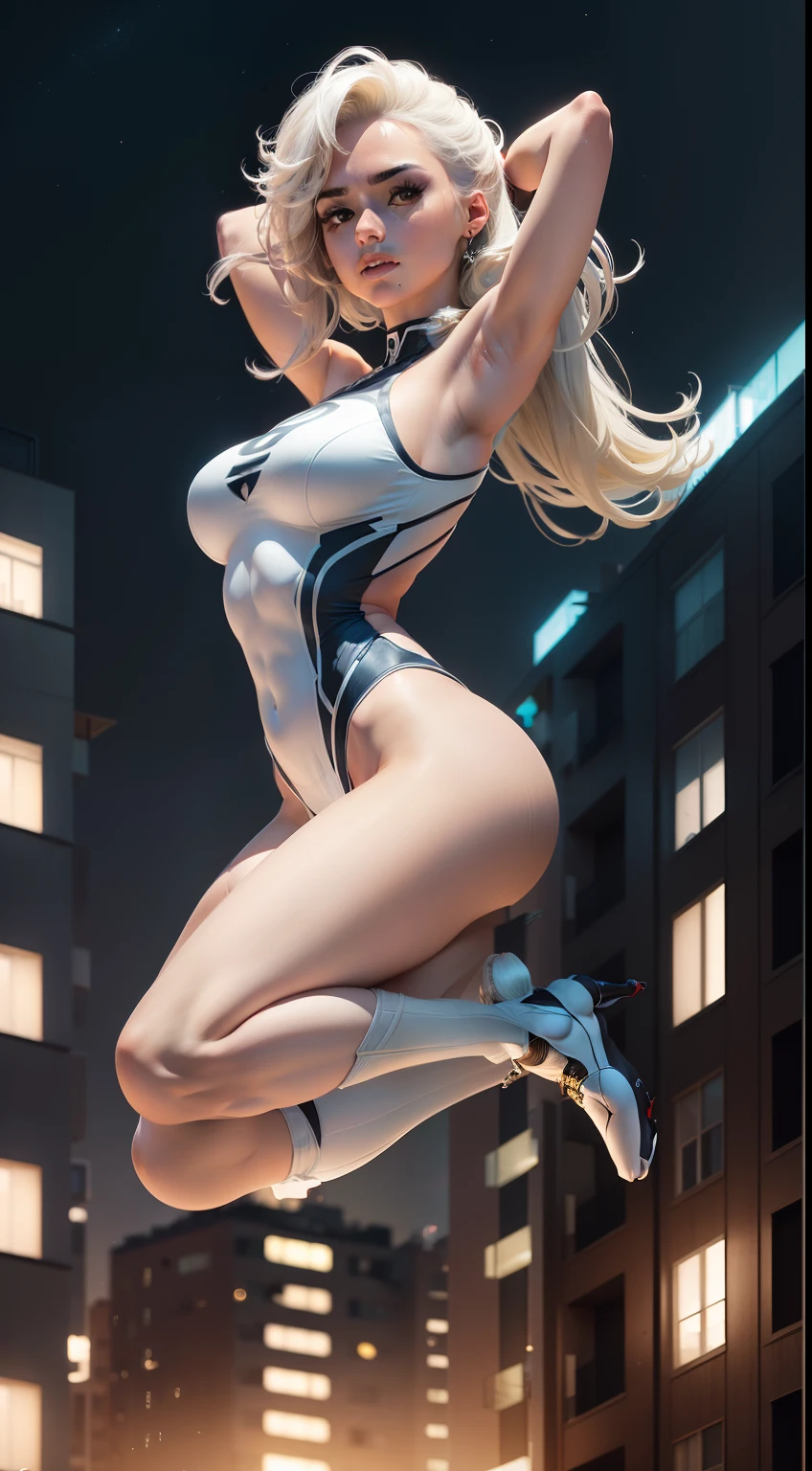 (master part, 4k resolution, ultra-realistic, Very detailed), (white superhero theme, Charismatic, there's a girl on top of town, vestindo o traje do Homem-Aranha, She's a superhero), [ ((25 anos), (longos cabelos brancos:1.2), corpo inteiro, (olhos azuis:1.2), ((Pose do Homem-Aranha),demonstration of strength, Jumping from one building to another), ((ambiente urbano arenoso):0.8)| (Cityscape, at night, dynamic lights), (lua cheia))] # uma bela modelo sexy