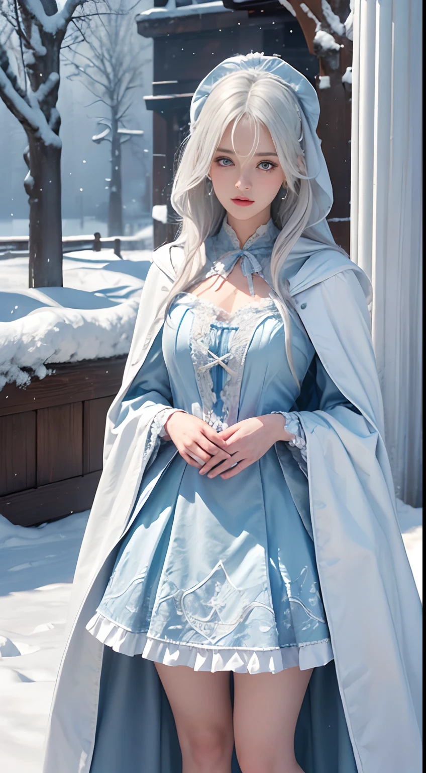 Photorealistic, high resolution, 1 Women, Solo, (Lolita costume),Gorgeous costumes,Face the audience,The upper part of the body,upper legs, beautidful eyes, White hair, ringed eyes, (outside,Heavy snowfall,Cloak,Cover with snow),snowfield,Blue eyes,Illustrations of the highest quality,A meticulous face