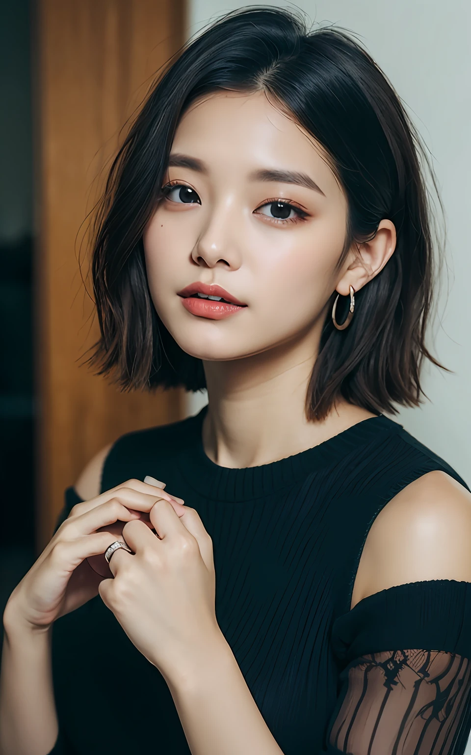 Highly detailed CG Unity 8k wallpapers、top-quality、ultra-detailliert、masterpiece、realisitic、Photo Real、extremely detailed cute girl、25-years old、((A dark-haired:1.4))、((piercings、hair adornments))、(gals)、roundly eyes、viewer、red blush、cparted lips、Semi-body shot、
sleeveless sweater、cafes、short-hair