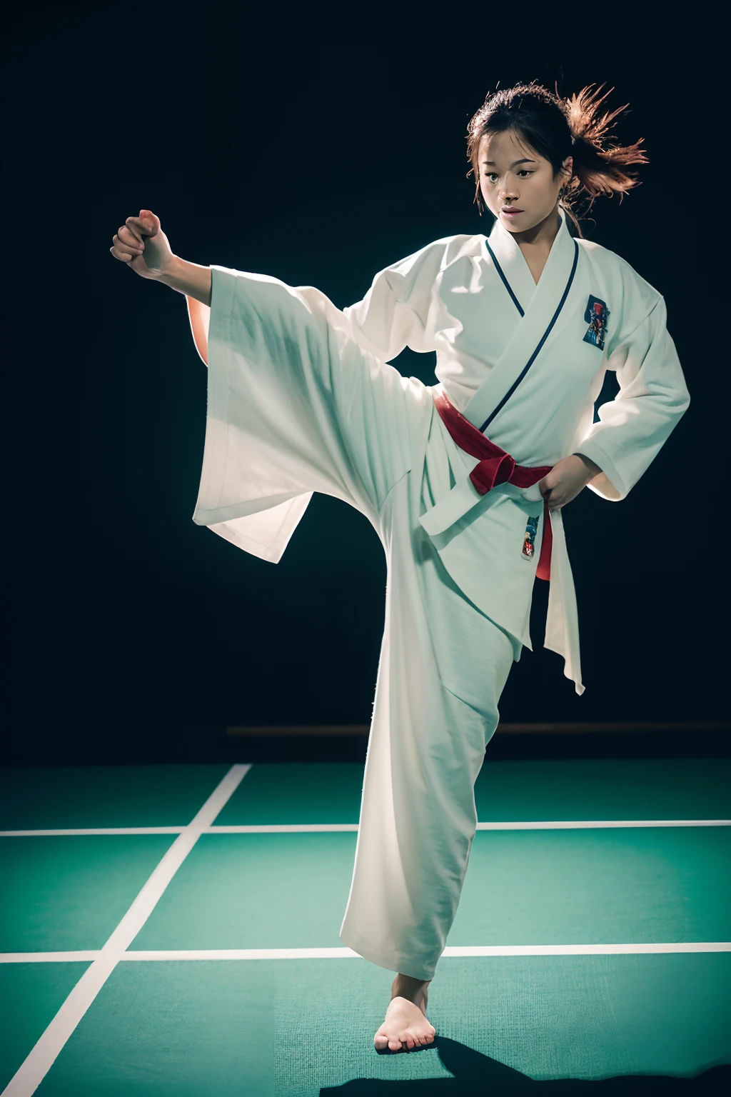 (8k、RAW Photography、qulity、、、、、、masterwork:1.2)、(realisitic、Photorealsitic:1.37)、(1girl), Japanese Karate Girl、18 years old、White Judogi、fighting, kick pose, high-kick, Tatami room in the dark、solemnity、(cowboy shot)、Be intimidating、Dignified atmosphere、Slightly stiff figure、Tight lower body、Judogi pants that adhere to the skin, camel toe
