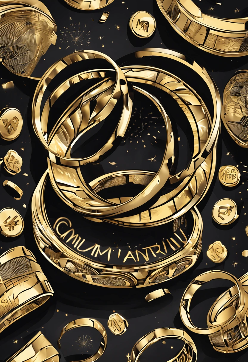 with black background，There are gold rings and gold coins around. Inside the ring, The two M letters are intertwined in a stylish way. The caption "Money Millennials" is written in cursive and readable font under the ring.