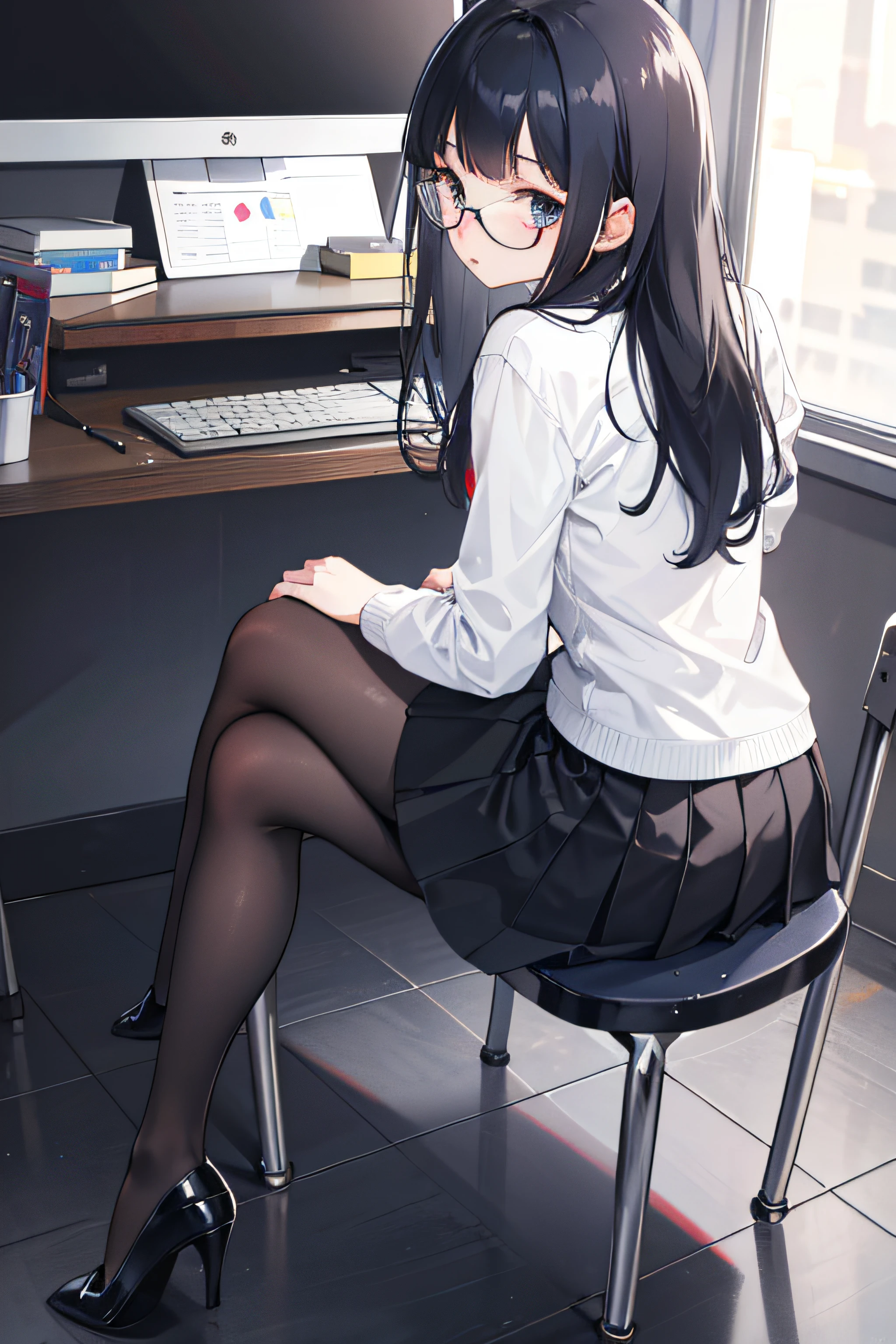 1girll, Back view, Skirt, sit on chair, Small chair, NavyHair, long curvy hair, large round glasses, pretty, Without expression, Flat expression, Lame face, school chair，(Crossed legs (Sitting)：2.0)，high-heels,black lence stockings，