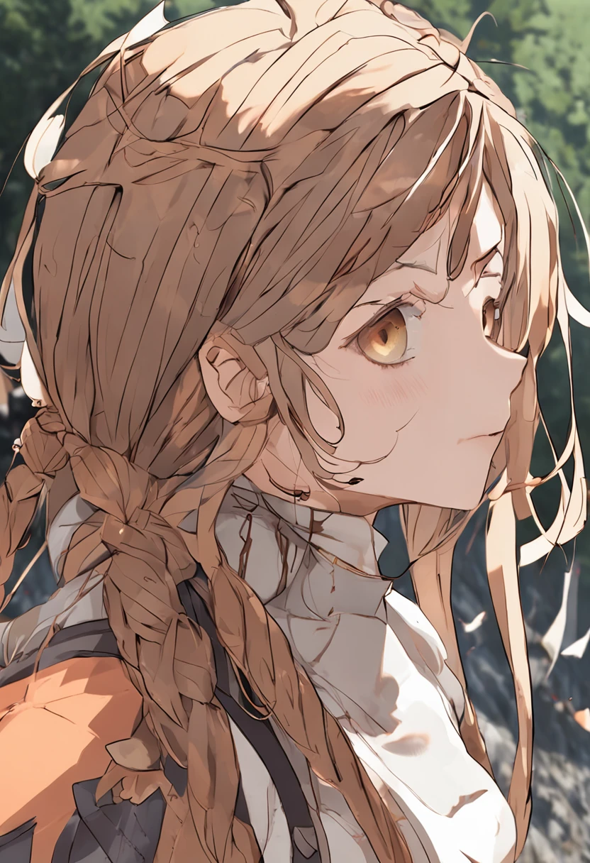 streaked hair, light brown hair, low twin braids, hair ornament, hairpods, covered eyes, pensive, character chart, stats, UHD, masterpiece, ccurate, super detail, highres, 1080P, 8k, 16k, textured skin,a girl, full body