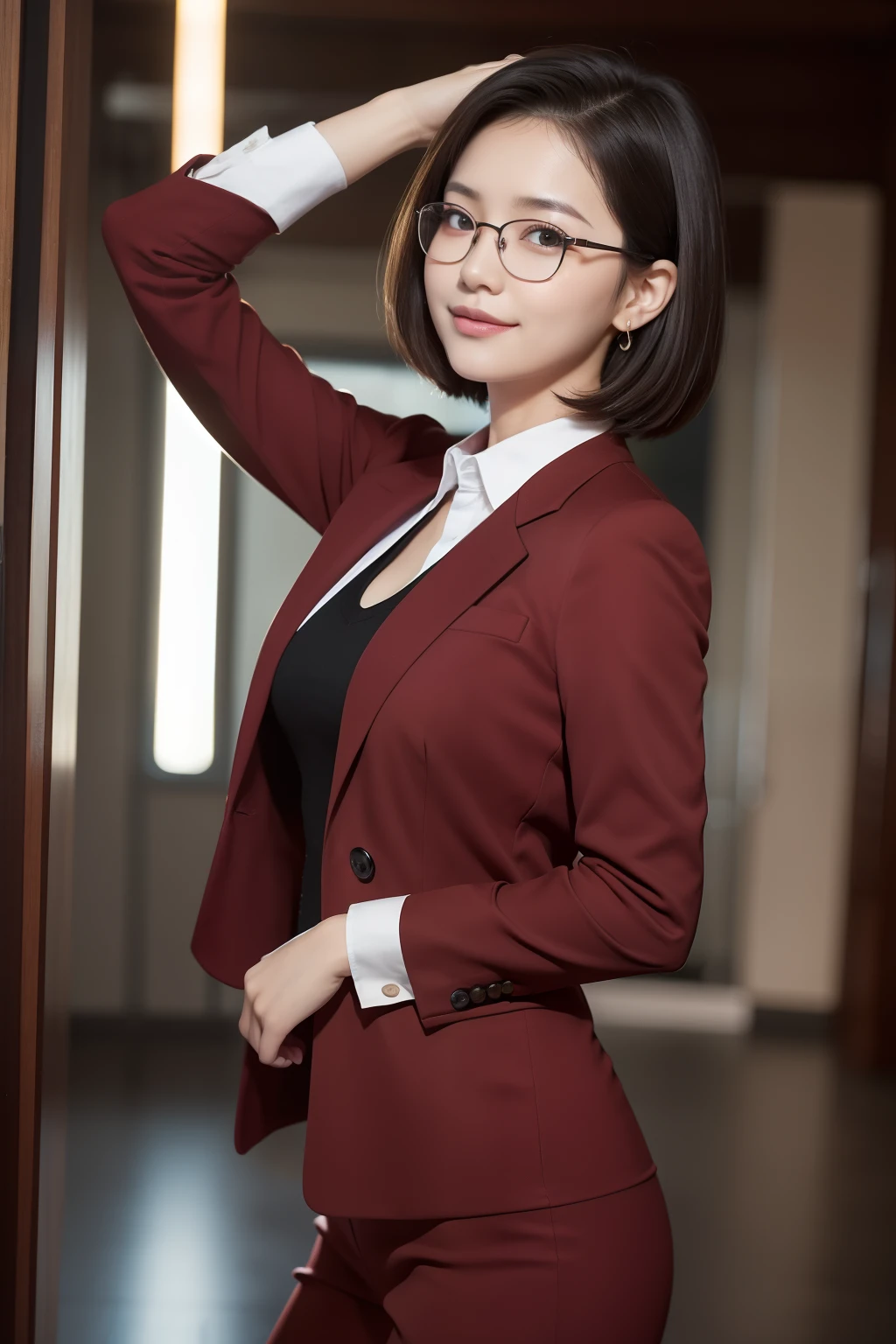 masterpiece、in 8K、Raw photography、(reallistic:1.4)、High-resolution mouth、The eyes are high definition、Shiny skin、big eye、Round face,Double eyes、Puffy eyes、Medium-breasted women、half-opened mouth、Provocative facial expressions、One lady、25-years old, Woman looking back、Taken from the side、Bold and obscene poses、Hands behind the head、The upper part of the body、Woman with glasses、film grains、Movie Light、expresive: Confident smile,Bright eyes , Big smile hairstyle: Short hair, standing out: Sharp dark red business suit posture: Stand confidently break girls,Solo、University Indoor