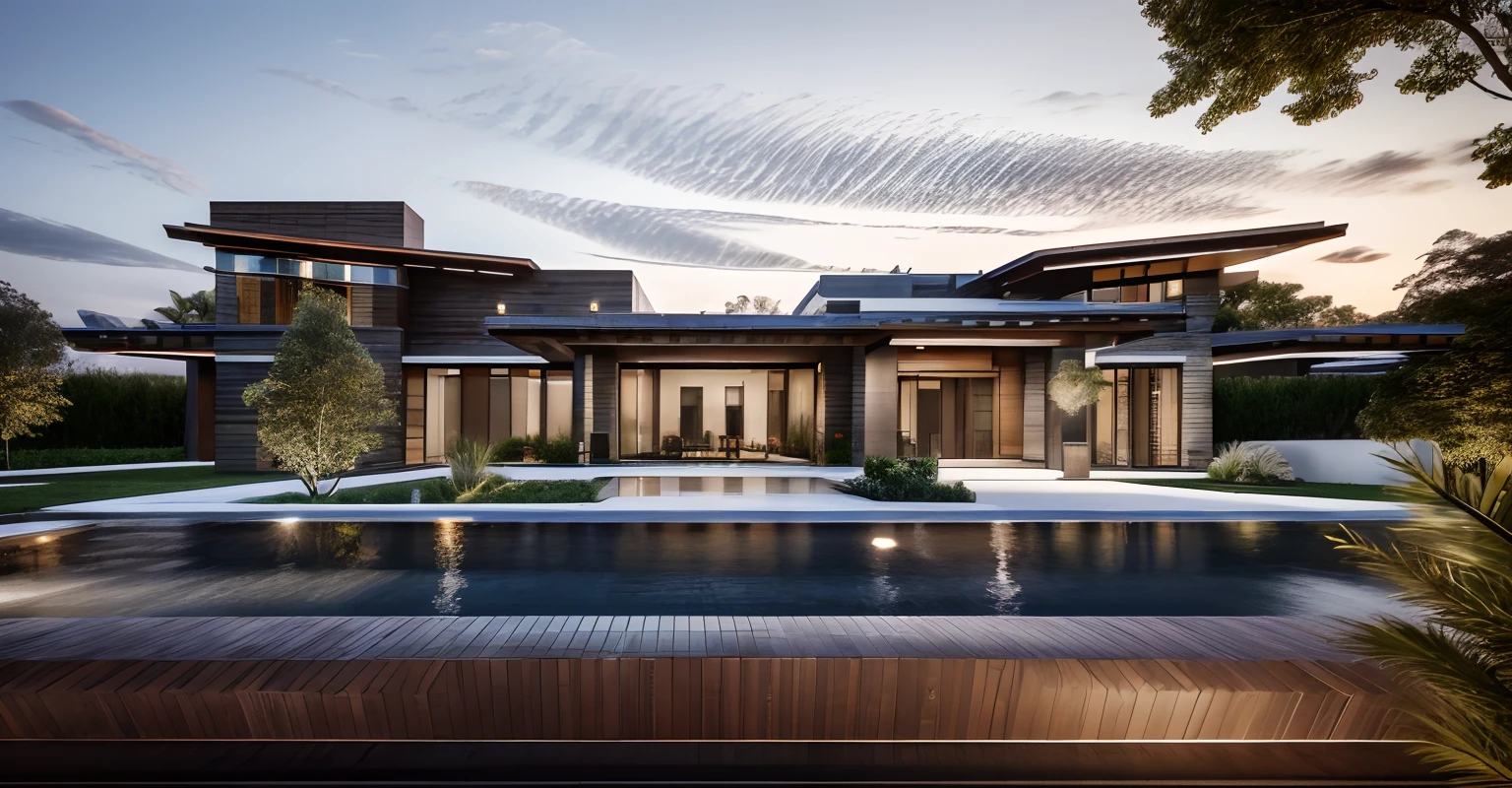 modernvilla, mabuilding, front, architecture, brick and metal, photo of a house, architecture, beautiful, masterpiece, best quality, super detailed, realistic, photorealistic, 8k, sharp focus