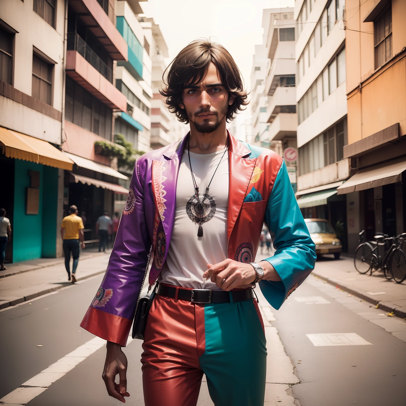 "Old photograph from 1968 of a 31-year-old madman in crazy psychedelic clothes with colors that do not match posing in the city of São Paulo.
