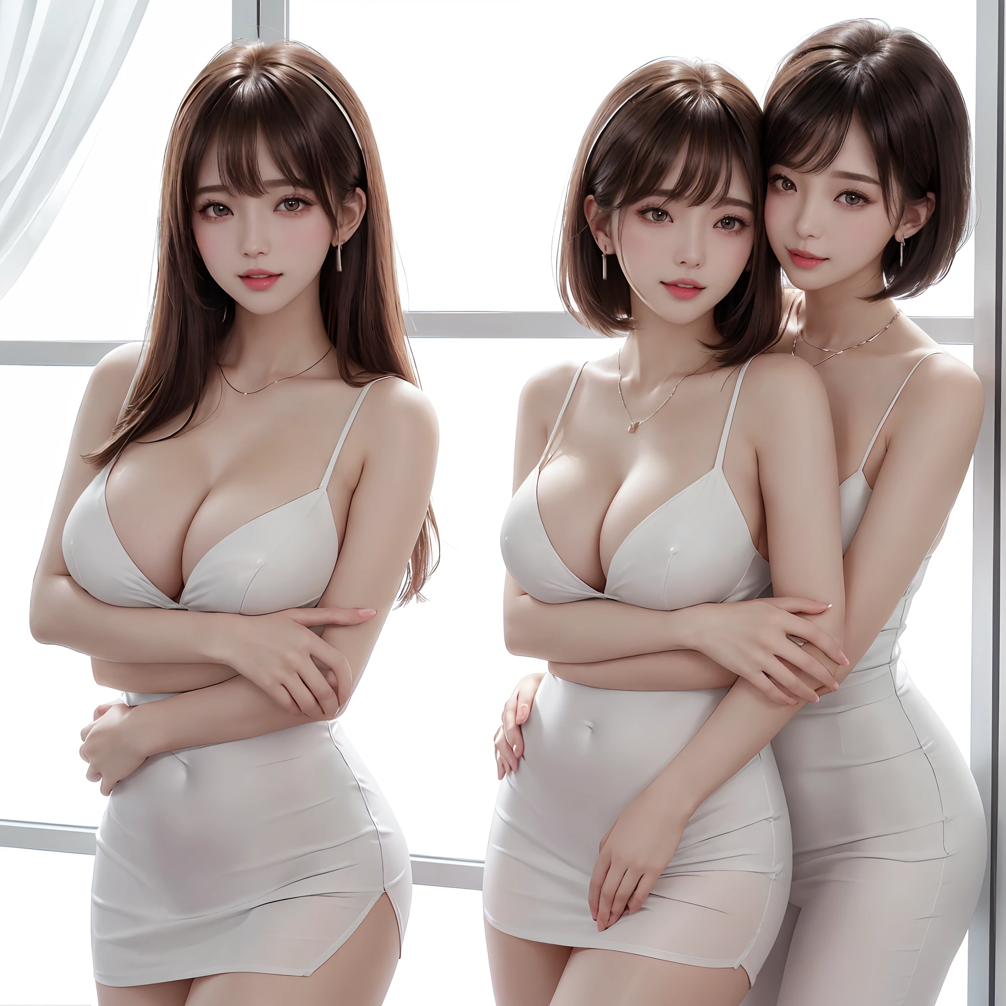 Two girls hugging and hugging each other、masterpiece、top-quality、realisticlying、realisitic、Seductive bright smile、short clean hair with bangs、Loose business shirt、enticing eyes、(cleavage of the breast)、In a modern office、(Pure white background with really nothing from floor to ceiling)、(28 year old)、ighly detailed、tall、neck long、Straighten your back、Put your ears out、Highlights in the eyes、lipgloss、glowy skin、White-colored skin、Clean collarbone、closes mouth、Happily、Nice proportions、Look firmly at the camera、Chained、lovely