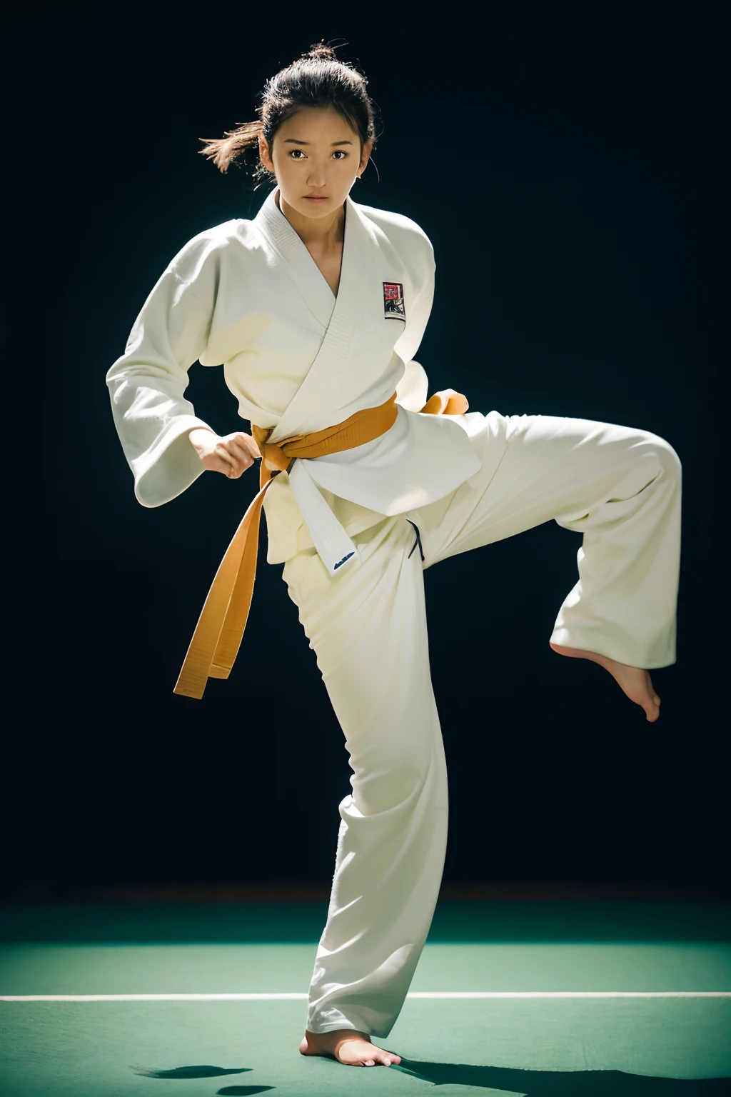 (8k、RAW Photography、qulity、、、、、、masterwork:1.2)、(realisitic、Photorealsitic:1.37)、(1girl), Japanese Karate Girl、18 years old、White Judogi、fighting, kick pose, high-kick, Tatami room in the dark、solemnity、(cowboy shot)、Be intimidating、Dignified atmosphere、Slightly stiff figure、Tight lower body、Judogi pants that adhere to the skin, camel toe