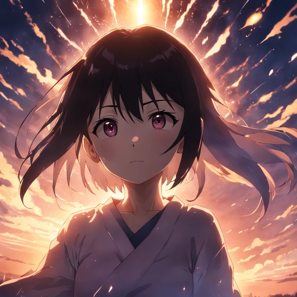 Sasuke, obra-prima, melhor qualidade, filme ainda, 1girl, garota nuvem, floating into the sky, close-up, brilhante, feliz, Soft lighting and Warm, sun sunset, (Sparks: 0,7)