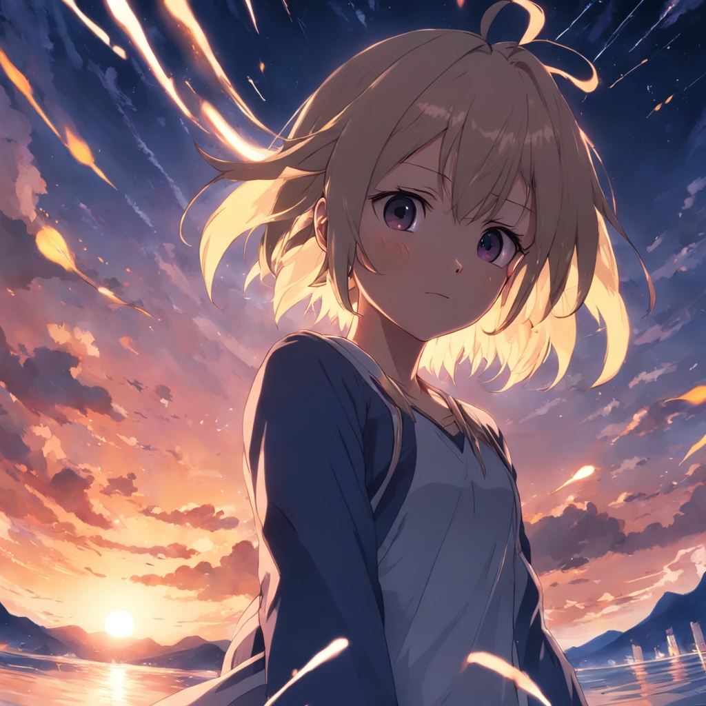 Sasuke, obra-prima, melhor qualidade, filme ainda, 1girl, garota nuvem, floating into the sky, close-up, brilhante, feliz, Soft lighting and Warm, sun sunset, (Sparks: 0,7)
