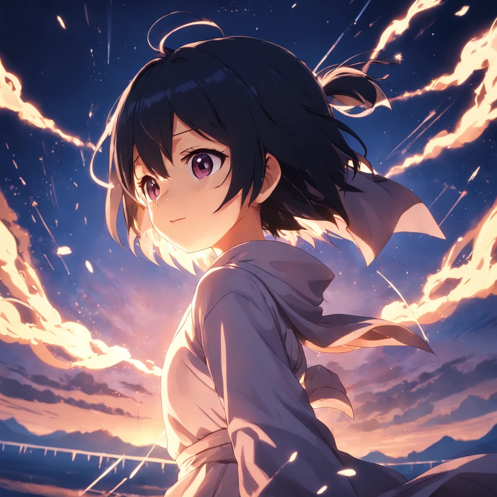 Sasuke, obra-prima, melhor qualidade, filme ainda, 1girl, garota nuvem, floating into the sky, close-up, brilhante, feliz, Soft lighting and Warm, sun sunset, (Sparks: 0,7)