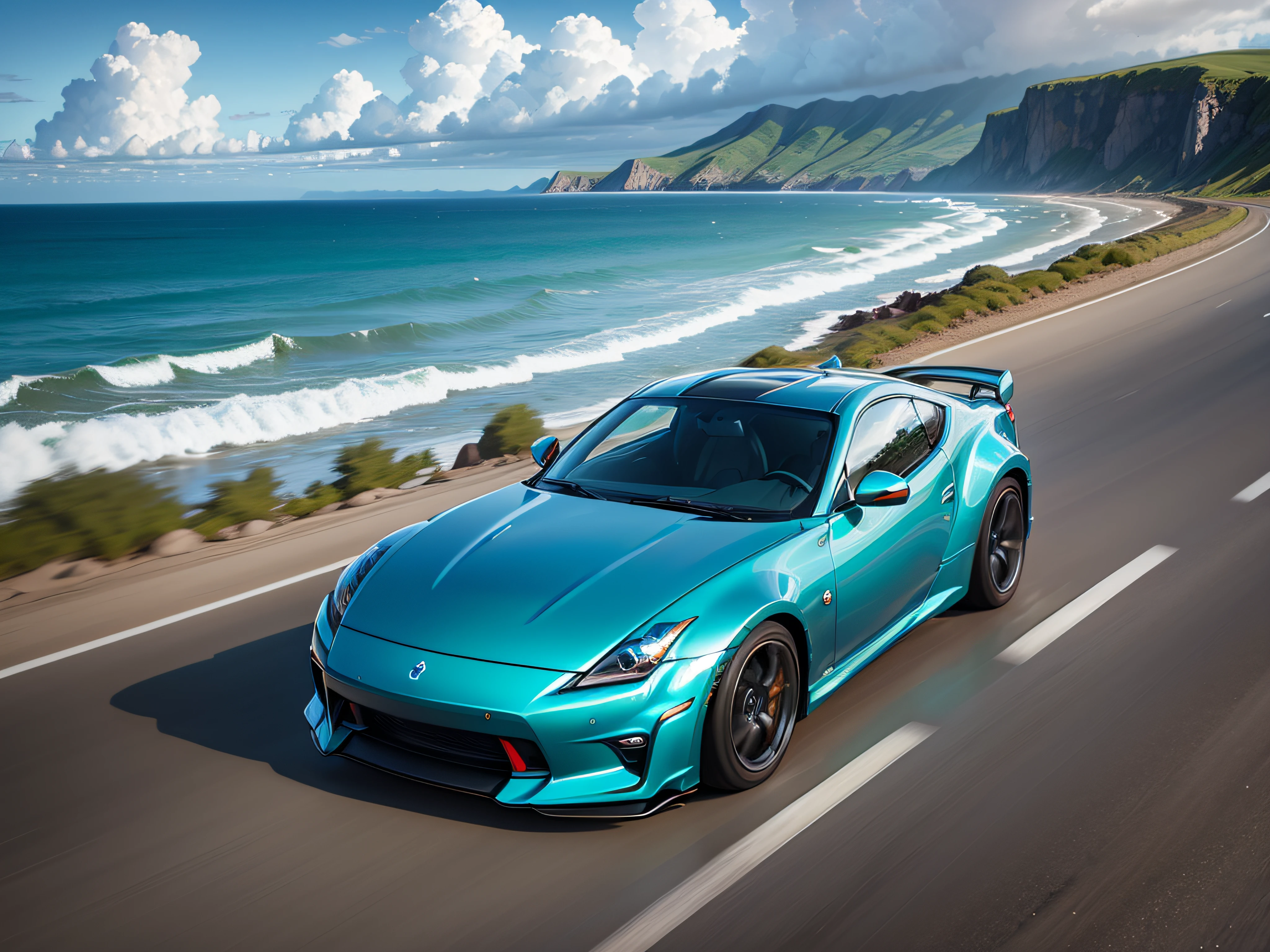 Turquoise Nissan Fairlady Z galloping along the coastal road, Blue sky, thunder clouds, background ocean, Motion Blur, Ultra-high resolution, Highly detailed and accurate representation, Vivid colors, Midsummer sunshine,