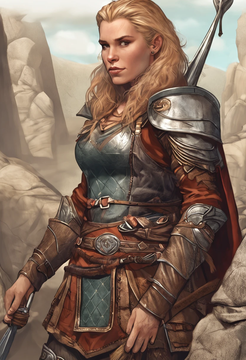 Female dwarf warrior in the center of the image, short body, Big head,Blonde hair and realistic beard, Big nose, Wear leather and chain mail, The characters at a glance, dwarf