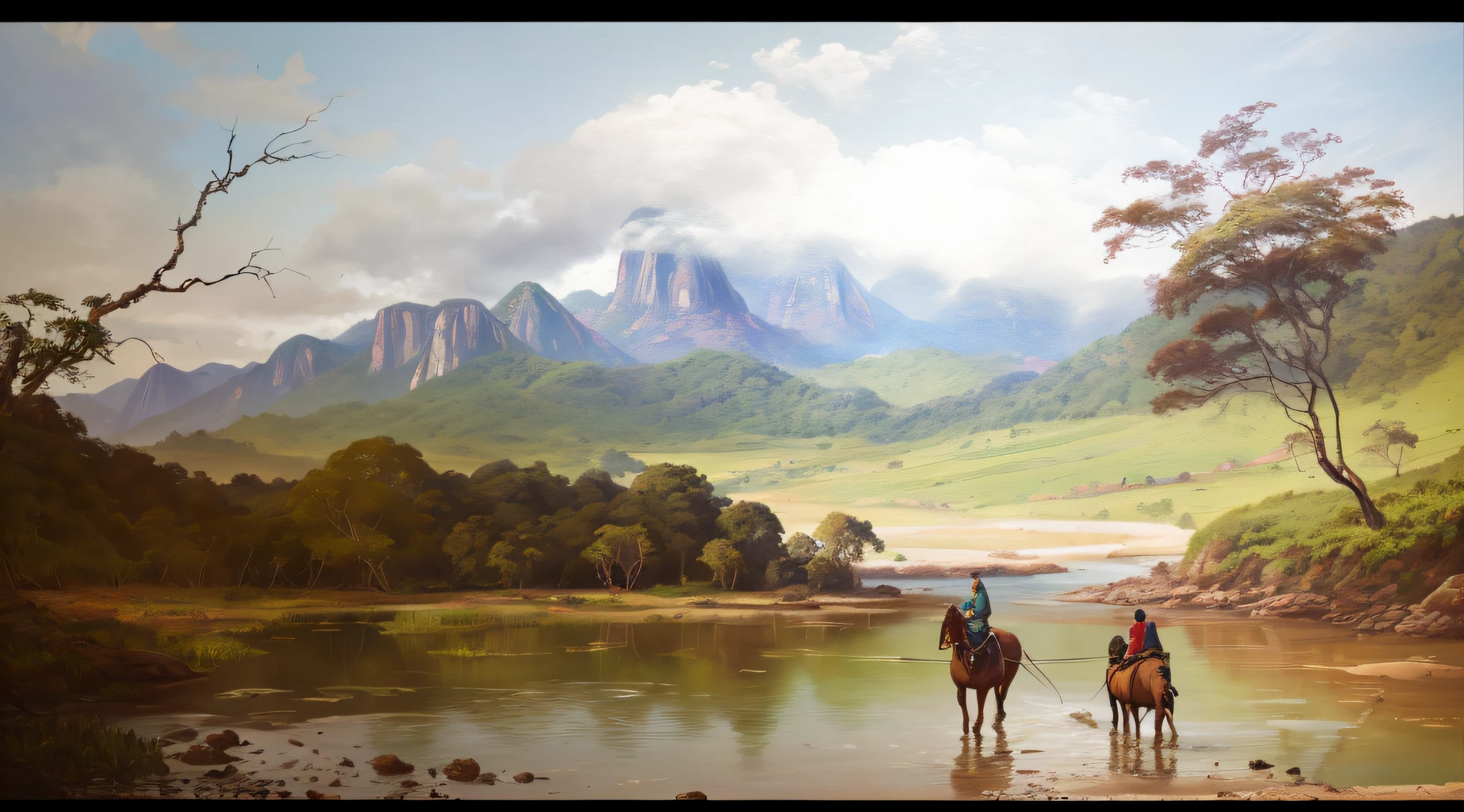 pintura de um rio que atravessa um vale verde exuberante com montanhas ao fundo, colinas fluidas, 8k resolution digital painting, 8k resolution digital painting, Pintura digital 4K, Pintura digital 4k, pintura digital detalhada, baixo detalhamento. pintura digital, Pintura Digital de Alto Detalhe, peaceful landscape, rio, trees and hills, pintura detalhada 4K, pintura digital 4k