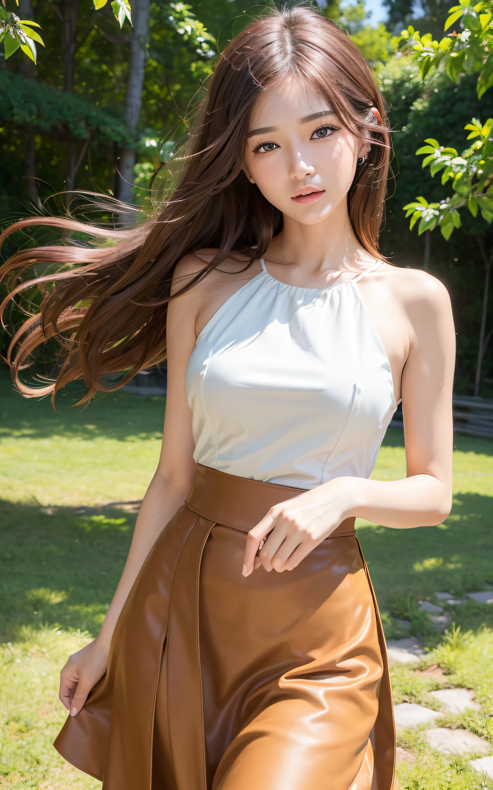((top-quality、8k masterpieces:1.3))、(ultra beautiful faces:1.0)、(shinny skin:1.0)、photos realistic、Brown hair, Shoulder-length straight hair swaying in the wind, Video Lighting、High-definition eyes and face、Blouse、Skirt,1 japanese girl, Cute, from the front side、medium breasts、A slight smile