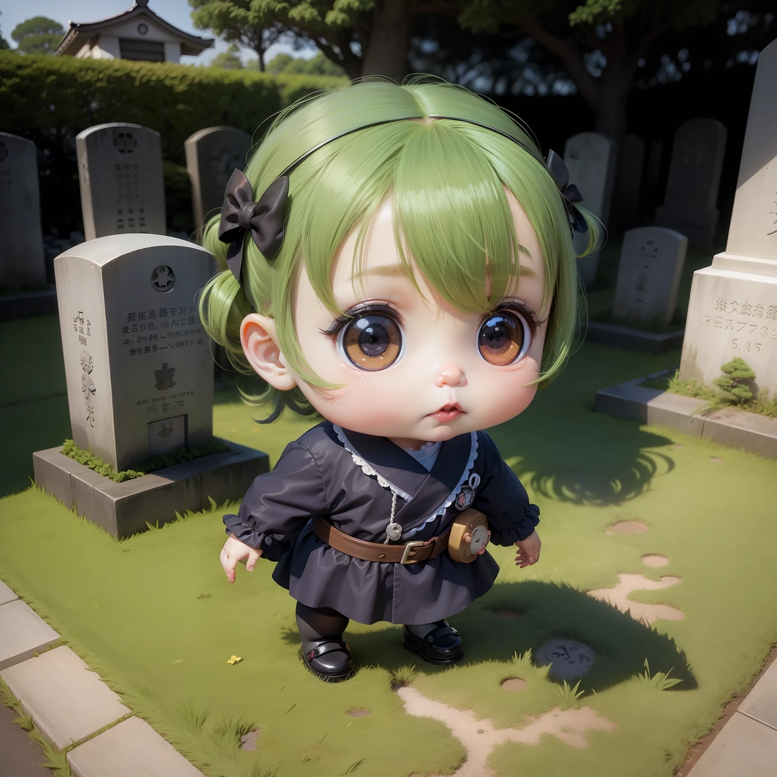 Cute Baby Chibi Anime, a face resembling Frankenstein,Yokosuka Foreign Cemetery.