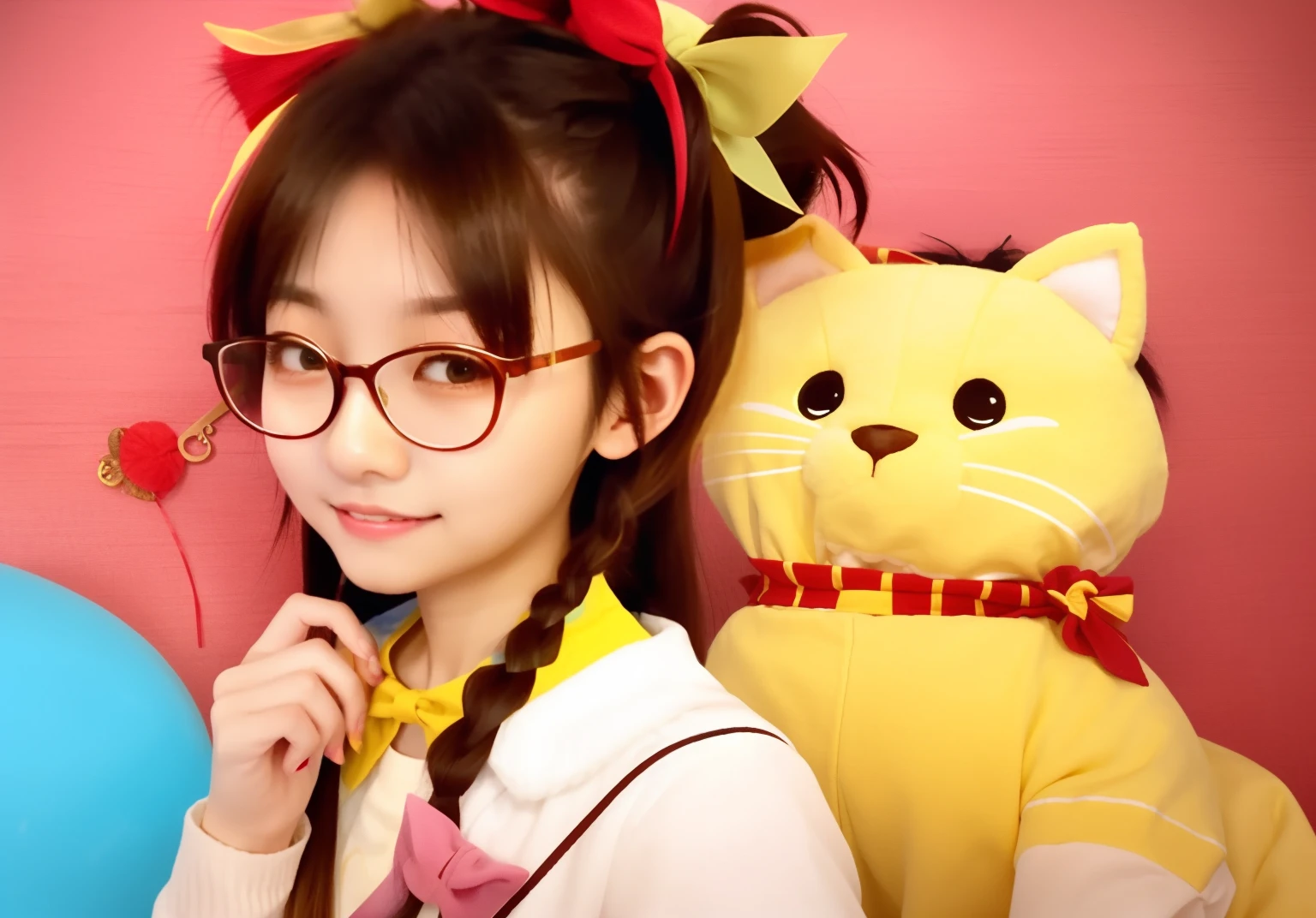 There is one who wears glasses，Girl wearing a pair of yellow plush hairpins on her head, Ruan cute vtuber, young and cute girl, very beautiful cute catgirl, wearing small round glasses, wearing hair bow, With glasses, Chinese girl, braid hairstyle, very very low quality,  She has a cute face