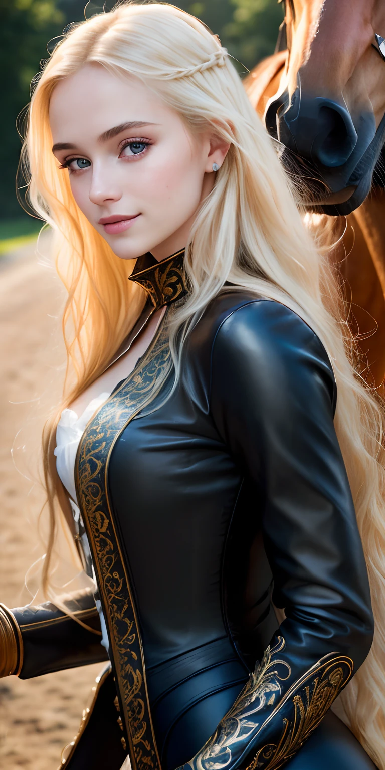 Photo of a 20-year-old European girl, raw, Beautiful woman, (long blonde hair on the back1Tied to one), ((Portrait)), ((Detailed face:1.2)), ((detailed facial features)), (finely detailed skin), pale skin,Alongside horses、Riding attire、A sexy(riding outfit), moist, moist, Reflectors, (masutepiece) (perfectly proportions)(photos realistic)(Best Quality) (A detailed) photographed in a Canon EOS R5, 50mm Lens, F/2.8, nffsw, (Grinning) (Wallpaper) (Cinematic lighting) (Dramatic Lighting) (foco nítido) (Convoluted) Fashion, From above
