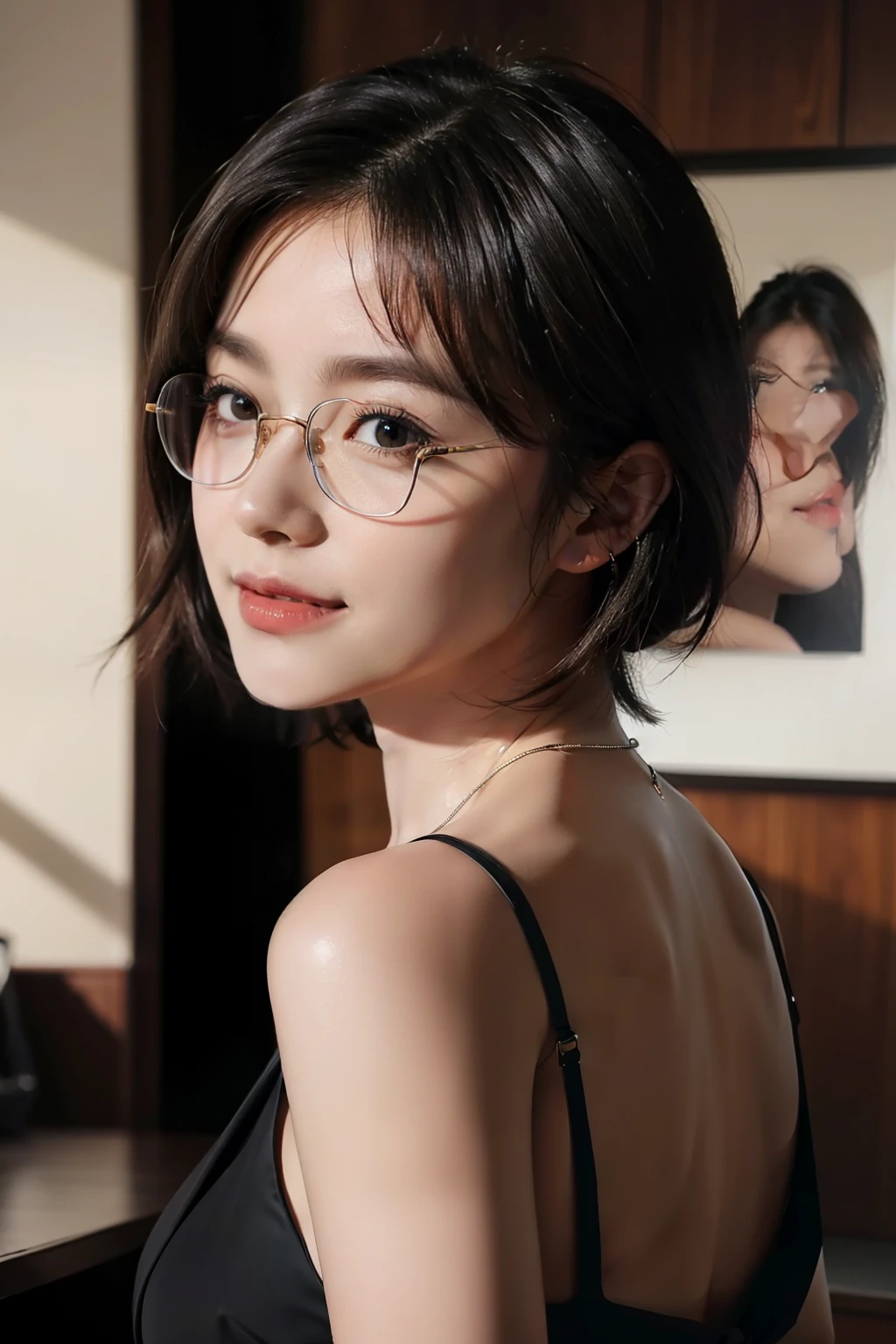 (((best quality))),(((ultra detailed))),(((masterpiece))),illustration,((1 beautiful young girl,female teacher,solo)),(shoulder-length wavy bob:1.3),(glasses:1.2),((slim,thin)),((small breasts,flat chest,cleavage,bra)),(summer:1.3),(indoor:1.2),(in classroom:1.3),(strapless purple bra:1.3),elegance, confidence, professional attire, fashionable, personal style, wall posters, maps, colorful, learning, organized, desks, chairs, whiteboard, important information, diagrams, bright eyes, focused, gentle smile, warmth, kindness, positivity, enthusiasm, inspiring, students, joy, intelligence, snapshot, dedication, grace,((from front,close-up of face))