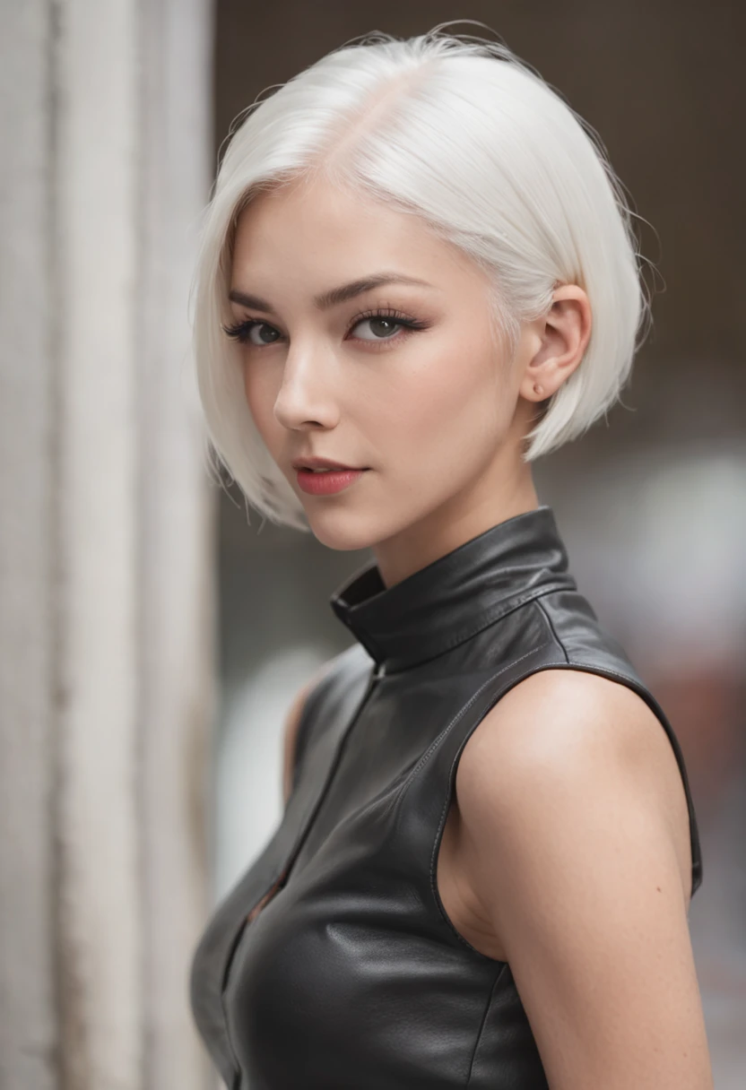 schoolgirls,with short white hair,sleeveless shirts,Black leather pants,high-heels