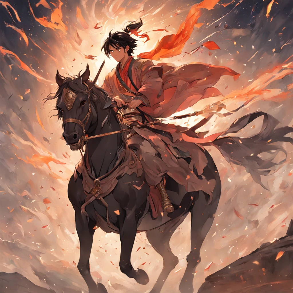 Best quality, Masterpiece, 超高分辨率, (photograph realistic:1.4), Dream-like,fusionart, A man holds a sword, Handsome Asian face Twenty-seven years old, Draw Lü Bu riding a horse, holding a halberd, with his cloak billowing and the horse lifting its front two legs. Set against the backdrop of the Three Kingdoms battlefield,