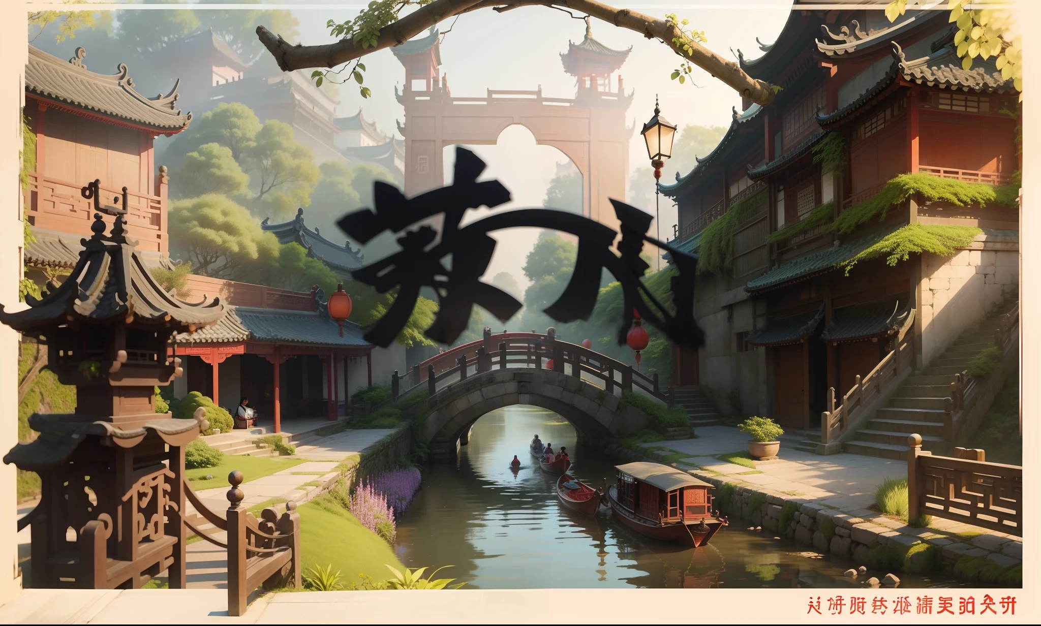 This is a promotional picture depicting the scenery of Suzhou，In the center of the picture is an old stone arch bridge，The bridge was crowded with pedestrians，It showcases Suzhou's long history and bustling city life。The bridge bank is covered with green willows and various flowers，it´s spring，Flowers bloom，Picturesque。

On the left side of the bridge，There is a classical garden，Gazebo in the garden、small bridge flowing water、rockery、The bamboo forest trail shows the unique charm of Suzhou gardens。The talented man in the garden is playing against a beautiful man，There is also a red peacock watching next to it，Show the elegance of Suzhou literati、Beautiful nature。

On the right side of the screen，There is an old canal，Small boats come and go along the river，Busy commercial activities demonstrate Suzhou's prosperity as a water town in Jiangnan。There are also hawkers selling silk by the river、teals、Pastries and other specialty products，It attracts many tourists to stop and watch。

The distance of the picture，There are several old buildings，Among them is the famous Gate to the East, North Temple Pagoda，and famous attractions such as Suzhou Museum。These buildings are surrounded by gardens、canals、Bridges and other elements together form a beautiful picture of Suzhou。

The picture is colorful，line sleek，Jiangnan water town full of poetry and charm。This promotional map fully shows the history and culture of Suzhou、Nature and bustling city，It attracts tourists from all over the world to visit its attractions。Line drawings