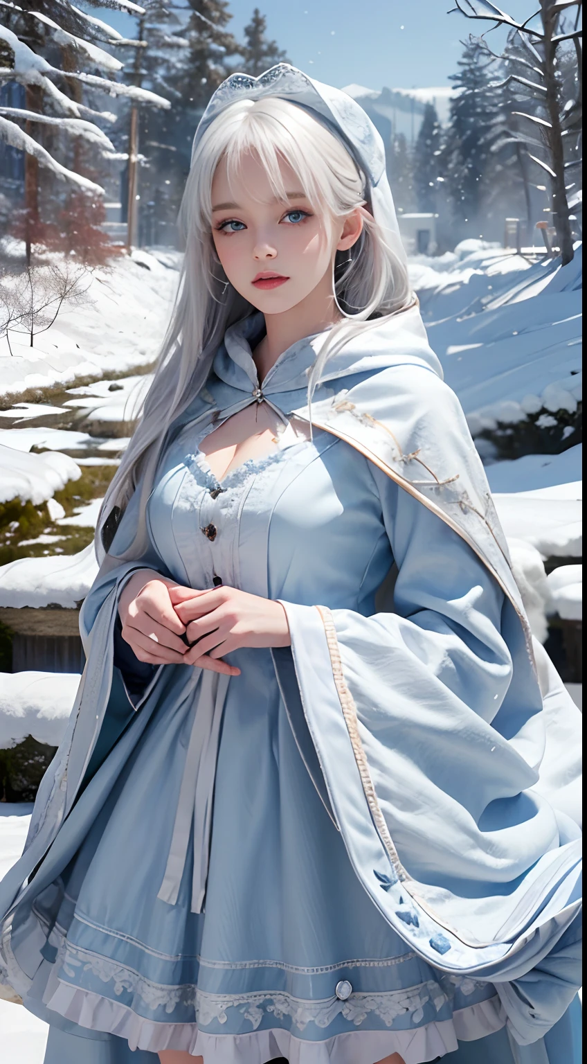 Photorealistic, high resolution, 1 Women, Solo, (Lolita costume)，Gorgeous costumes，Face the audience，The upper part of the body，upper legs， beautidful eyes, White hair, ringed eyes, (outside，Heavy snowfall，Cloak，Cover with snow)，snowfield，Blue eyes，Illustrations of the highest quality，A meticulous face