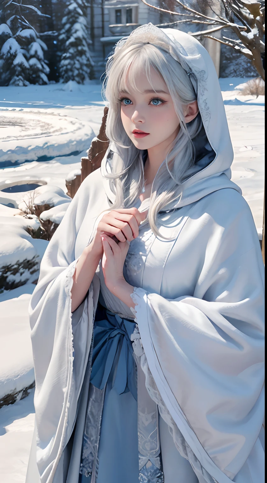 Photorealistic, high resolution, 1 Women, Solo, (Lolita costume),Gorgeous costumes,Face the audience,The upper part of the body,upper legs, beautidful eyes, White hair, ringed eyes, (outside,Heavy snowfall,Cloak,Cover with snow),snowfield,Blue eyes,Illustrations of the highest quality,A meticulous face