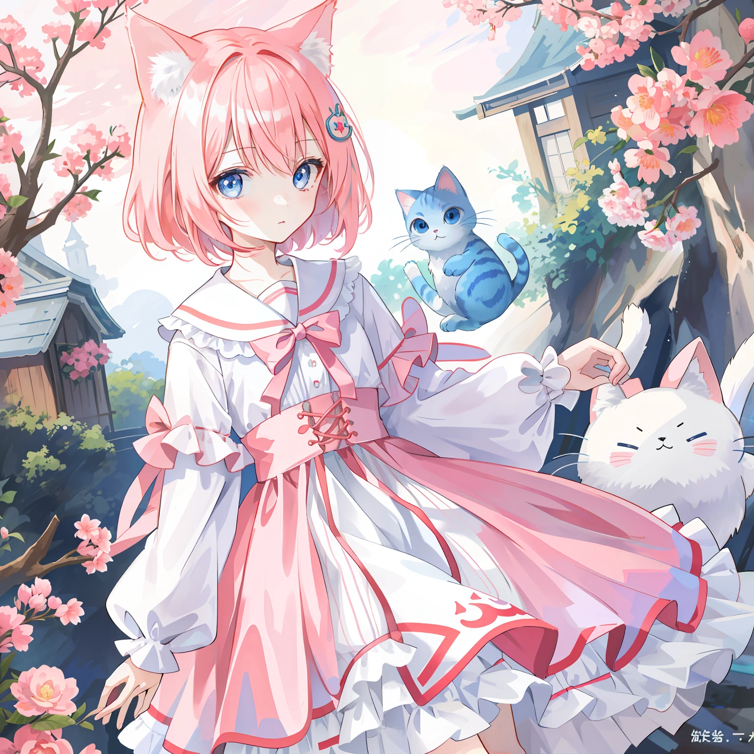 1 girl in、Peachy Hair、drooing eyes、Young Face、Light blue eyes、Cat's ears、校服、Kamimei、bobhair