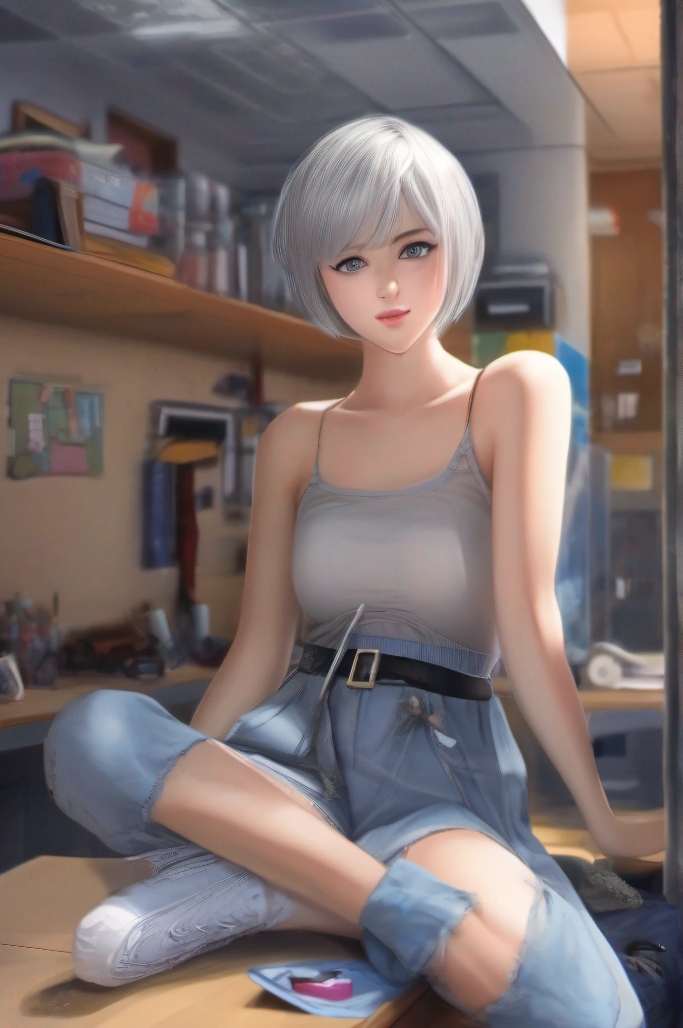 A real life realistic selfie of a young naked ager, full body ,silver short hair,blue eyes,Selfie, Girl is a very pretty, Selfie, real, in her class room