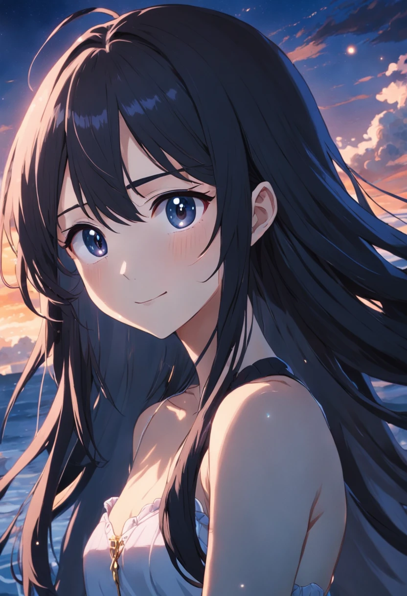 cabelos preto e longos,Long hair and waist,Black eyes,Very white skin,best qualtiy,A masterpiece,teens girl,Thin,Sweet smile,rays of moonlight,lakeside,