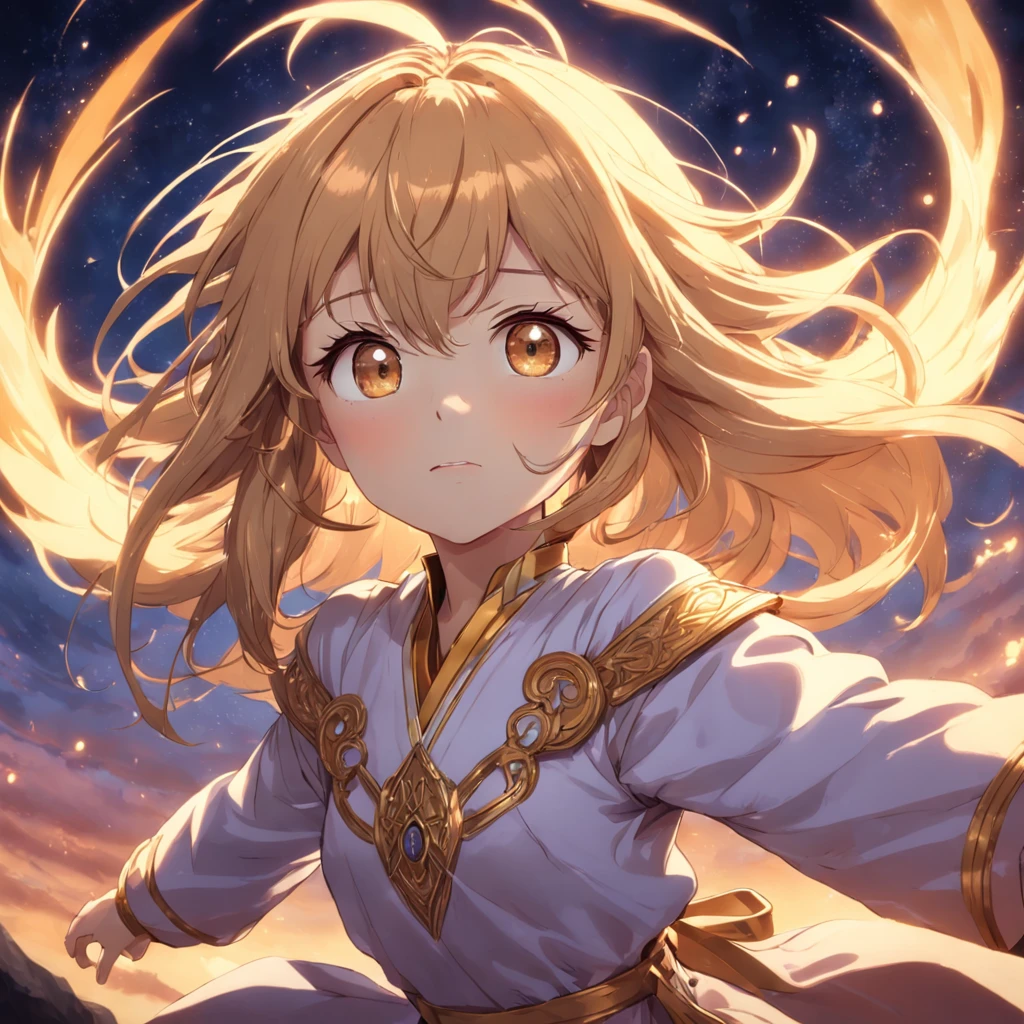 Garoto com 15 anos com cabelo branco, olheiras, olhos roxo, wearing a sorcerer's tunic with golden details,obra-prima, melhor qualidade, filme ainda, 1girl, garota nuvem, floating into the sky, close-up, brilhante, feliz, Soft lighting and Warm, sun sunset, (Sparks: 0,7)