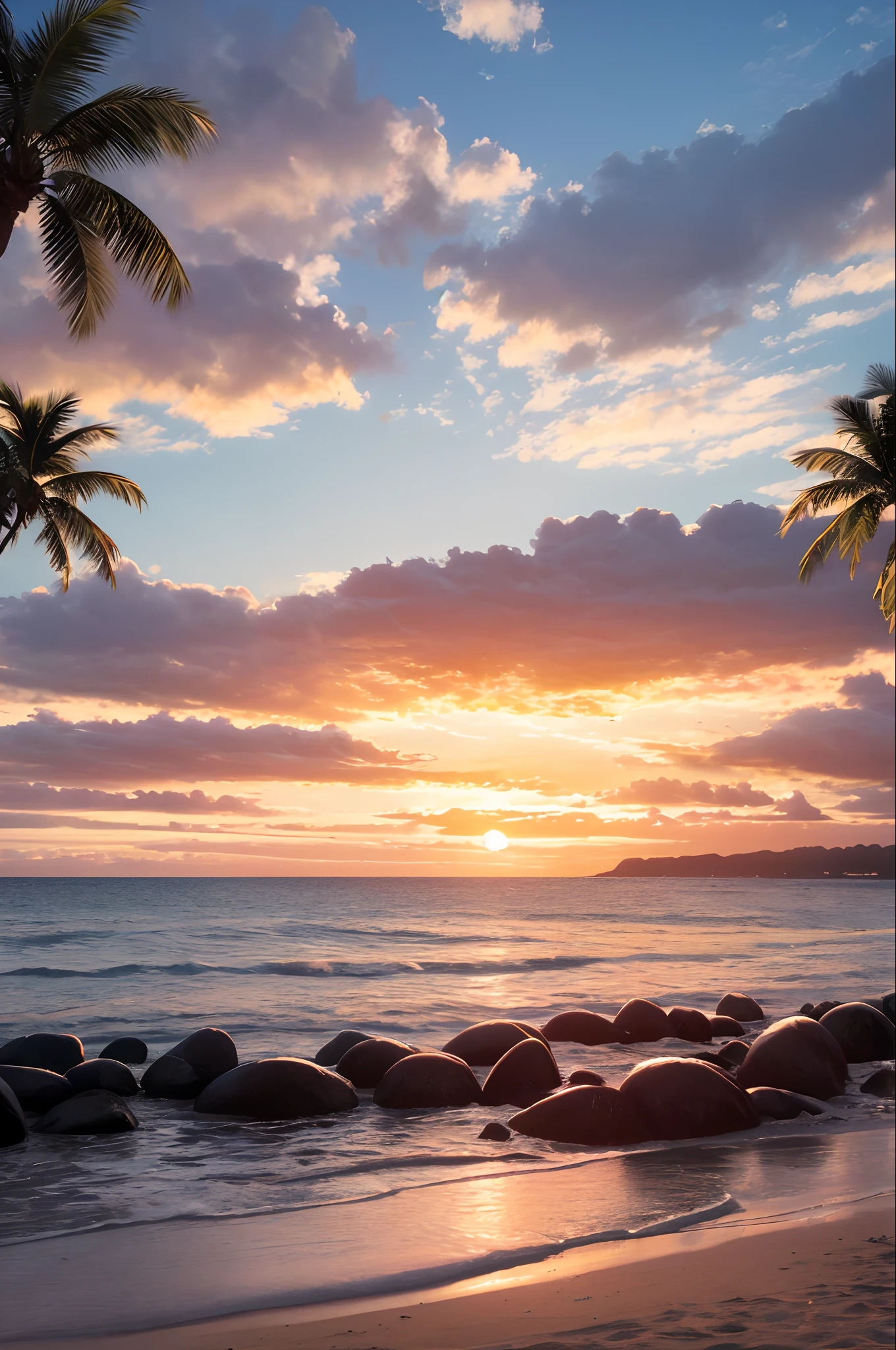 Oranges, pinks and yellows blend together to fill the sky, and the sunset over the beach is truly mesmerizing. The crystal clear waters gently kiss the coast, and the white sand beach stretches out endlessly. It's a dynamic and breathtaking scene with seagulls soaring high into the sky and palm trees gently swaying. Take in the calm atmosphere and peace will wash you away.