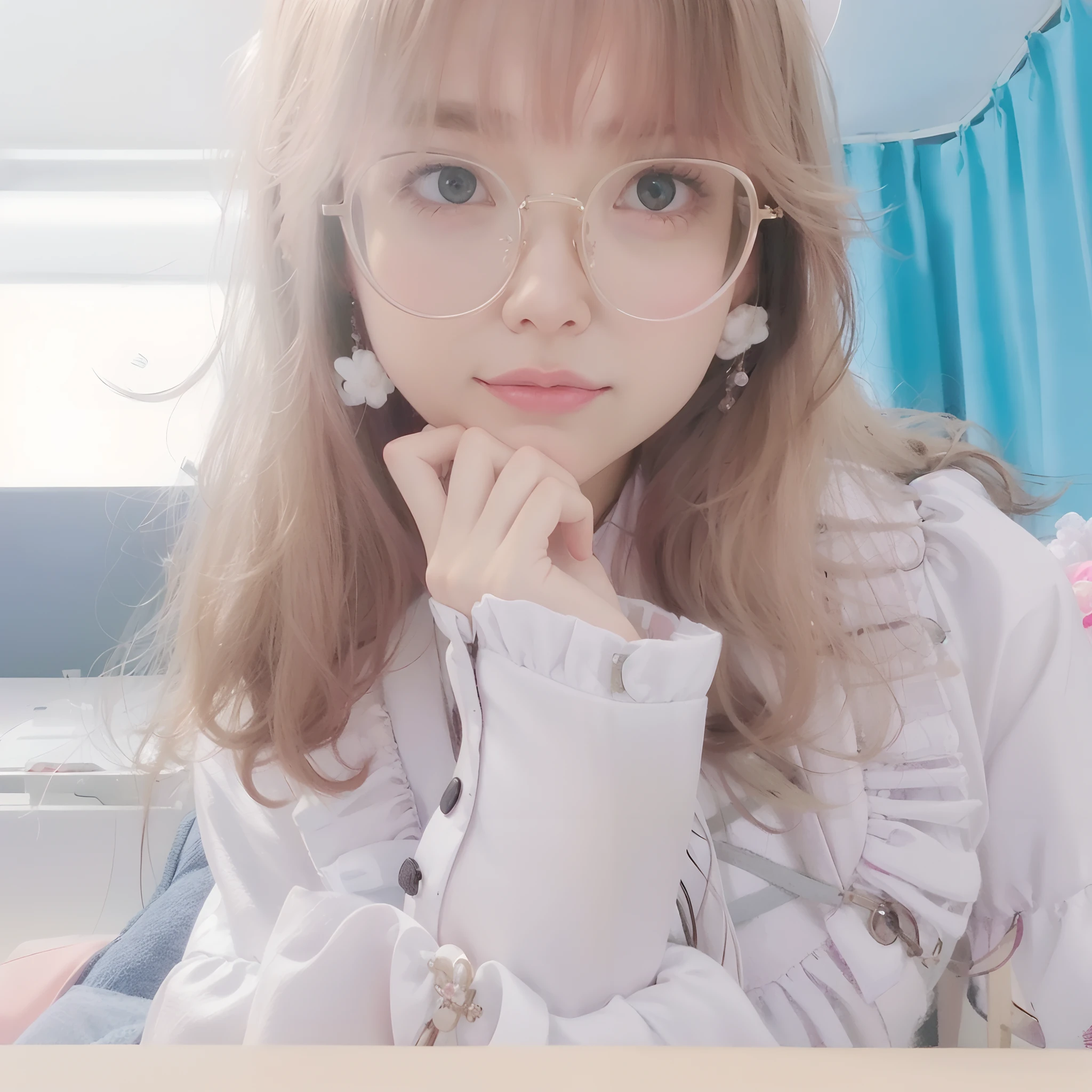 There is a girl posing for a photo with glasses and a pink dress, ulzzangs, belle delphine, With glasses, with square glasses, sakimichan, clear cute face, 8K)), Yoshitomo Nara, wearing thin large round glasses, chiho, Kawaii realistic portrait, !!Wearing glasses!!, shikamimi