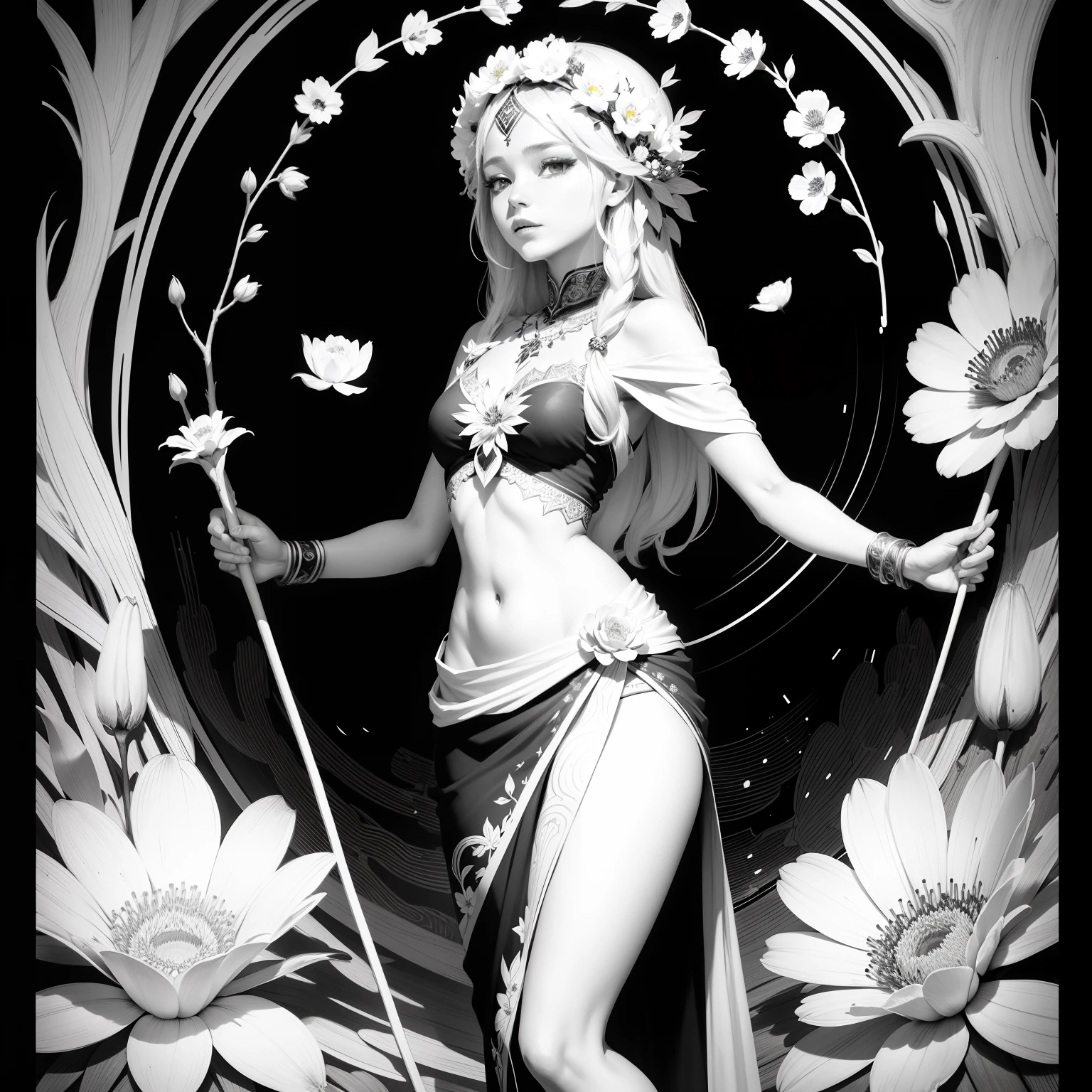 Black and white stick figure, line drawing, fine line art, flowers and goddesses, hd, 8k