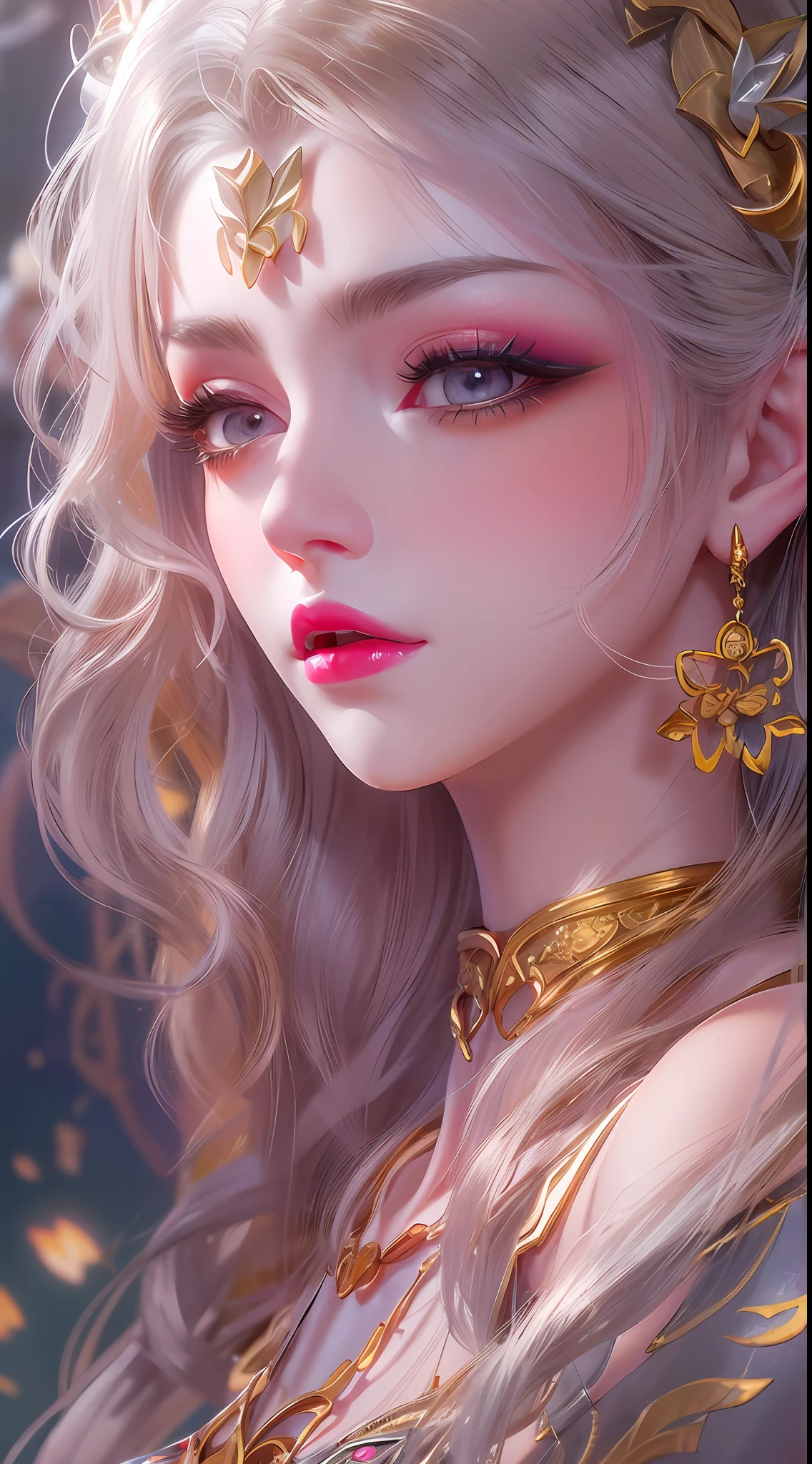 1 20 year old girl, 1 goddess Athena, pink purple silk dress, beautiful goddess Athena face without blemishes, delicate yellow nightgown, long thin sequin nightgown with many sexy black lace details, 1 beautiful thin red silk cloth half veil, female saint legend, female saint icon, beautiful goddess style glitter, dark and mysterious version, vermilion lips, plump red lips, not smiling, mouth closed, delicate and beautiful pino detailing, delicate and beautiful lip detail, , (pure and flawless face: 1.9), female saint body, round chest, big and round breasts, phoenix brooch, long flat bangs, (7-color rainbow hair: 1.9), flower stickers tattoo on forehead, beautiful clear face and well-proportioned eyes, (transparent yellow eyes: 1.8), (big round eyes and makeup, sexy wet eye makeup, very beautiful and meticulous hair makeup, long and delicate blonde hair, delicate, body image: 1.8), figure: and vivid, (stars that make up the sky: 1.7), (the sky of heaven and the fictitious gate of time and space: 1.8), fictional art, RAW photos, hanfu photos, best photos, high resolution, best quality, best photos, best goddess quality, 8k female, super 8 single saint portraits, truest color schemes, masterpieces, best beauty brands, best hair jewelry, brand real photo, dark studio, border light, two-tone lighting, (rose white skin: 1.4), (high skin detail: 1.1), 8k uhd, d slr, soft light, 8k, high quality, candid, volume Smooth and sharp, 10x pixel increase, sexy goddess, sexy goddess, (background space: 1.8), (most beautiful aurora eyes: 1.7), beautiful eyes, aurora beautiful and flowery, (beautiful single girl: 1.8), (more details:0.8),