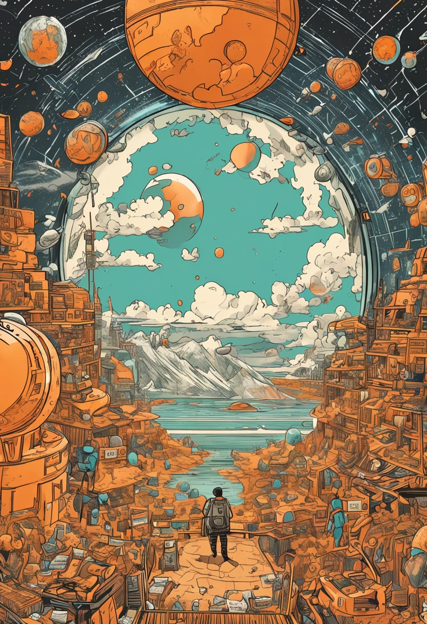 Detailed illustrations of the highest quality, masutepiece, CG Unity 8k of retro comic artwork,Detailed orange space world filled with bitcoins、Detailed black lines (Newspapers feel the world of bitcoin everywhere with coins) The cover of the comic book is、Studio Ghibli's style is a vibrant color of Bitcoin Coin that makes perfect Bitcoin throughout