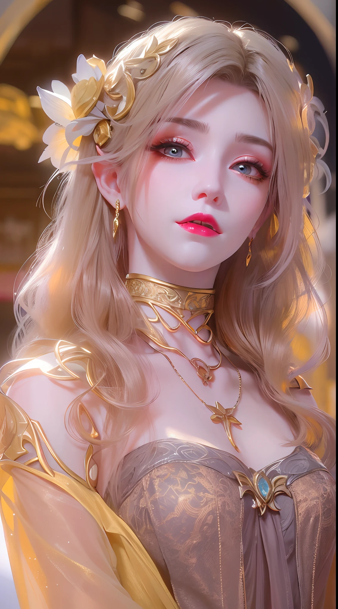 1 20 year old girl, 1 goddess Athena, pink purple silk dress, beautiful goddess Athena face without blemishes, delicate yellow nightgown, long thin sequin nightgown with many sexy black lace details, 1 beautiful thin red silk cloth half veil, female saint legend, female saint icon, beautiful goddess style glitter, dark and mysterious version, vermilion lips, plump red lips, not smiling, mouth closed, delicate and beautiful pino detailing, delicate and beautiful lip detail, , (pure and flawless face: 1.9), female saint body, round chest, big and round breasts, phoenix brooch, long flat bangs, (7-color rainbow hair: 1.9), flower stickers tattoo on forehead, beautiful clear face and well-proportioned eyes, (transparent yellow eyes: 1.8), (big round eyes and makeup, sexy wet eye makeup, very beautiful and meticulous hair makeup, long and delicate blonde hair, delicate, body image: 1.8), figure: and vivid, (stars that make up the sky: 1.7), (the sky of heaven and the fictitious gate of time and space: 1.8), fictional art, RAW photos, hanfu photos, best photos, high resolution, best quality, best photos, best goddess quality, 8k female, super 8 single saint portraits, truest color schemes, masterpieces, best beauty brands, best hair jewelry, brand real photo, dark studio, border light, two-tone lighting, (rose white skin: 1.4), (high skin detail: 1.1), 8k uhd, d slr, soft light, 8k, high quality, candid, volume Smooth and sharp, 10x pixel increase, sexy goddess, sexy goddess, (background space: 1.8), (most beautiful aurora eyes: 1.7), beautiful eyes, aurora beautiful and flowery, (beautiful single girl: 1.8), (more details:0.8),