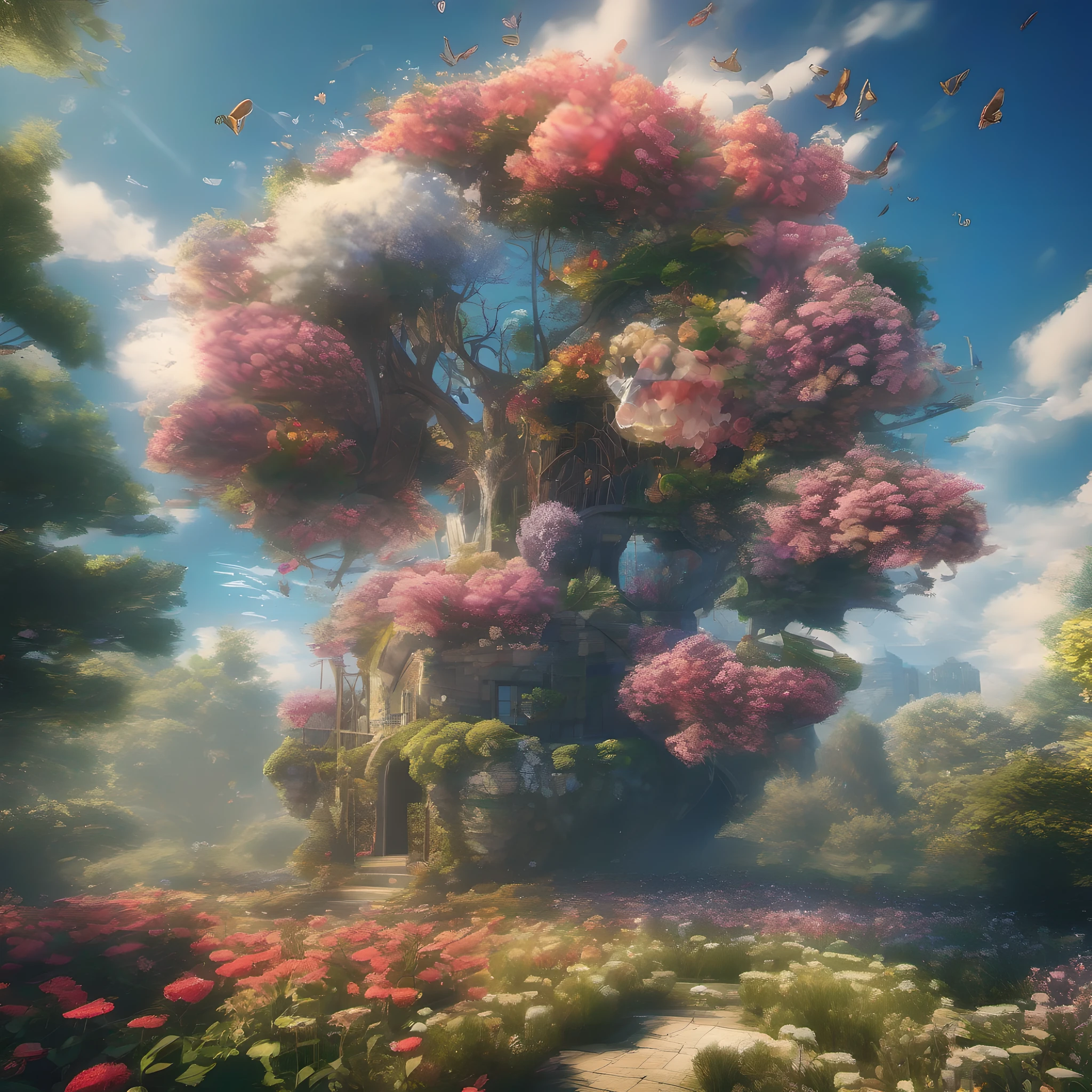 ccurate, best quality, masterpiece, UHD, high details, award winning, (Amazing:2.0), (Surrealism), Conceptual art, Verism, cinematic lighting, floating island in the sky, (((beautiful flower garden))), Horizon, blue sky, paradise scenery, flowers, wind flow, (((fantasy))), frontier, (magnificent space), blurry foreground, bokeh, Hasselblad, lens flare, beautiful school girl, (r old)(((full body)))), from behind, she moving, without looking at me, (((wearing school uniform))), black eyes, black hair, (floating hair), ((8 life size)), detailed hairstyles, detailed bodyline, anatomically correct, cute face, ((accurately portray her)),