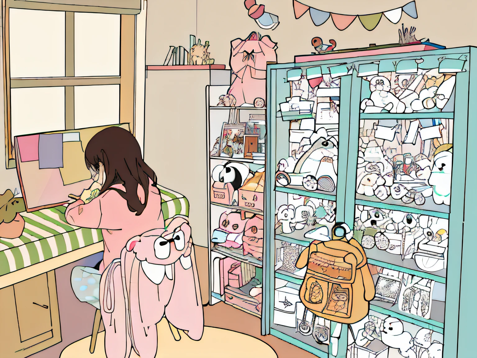 There was a girl looking at the drawing board，On the right are two bookcases full of stuffed animals, Crowded room, in her room, sitting in her room, Messy room, my home, Soft anime illustration, clean coloring book page, On the chair she sat on hung a sweatshirt, cute detailed artwork, cute illustration, cute room, Girl's room, color spread