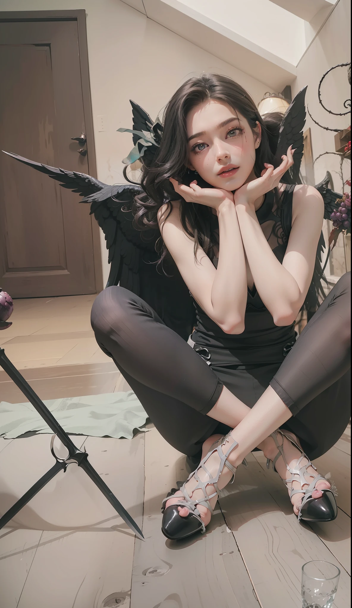 Fine matte paint,Skeleton Dark Angel, Haunted castle with large wings, Fill the drawing table with a knife,terroral,uncanny,horrid,secret terror,tentaculata,grape trees,The eye,uncanny valley effect teeth,all fours,Critters,Blood Moon,Sharp fangs,vampire tooth,Blood